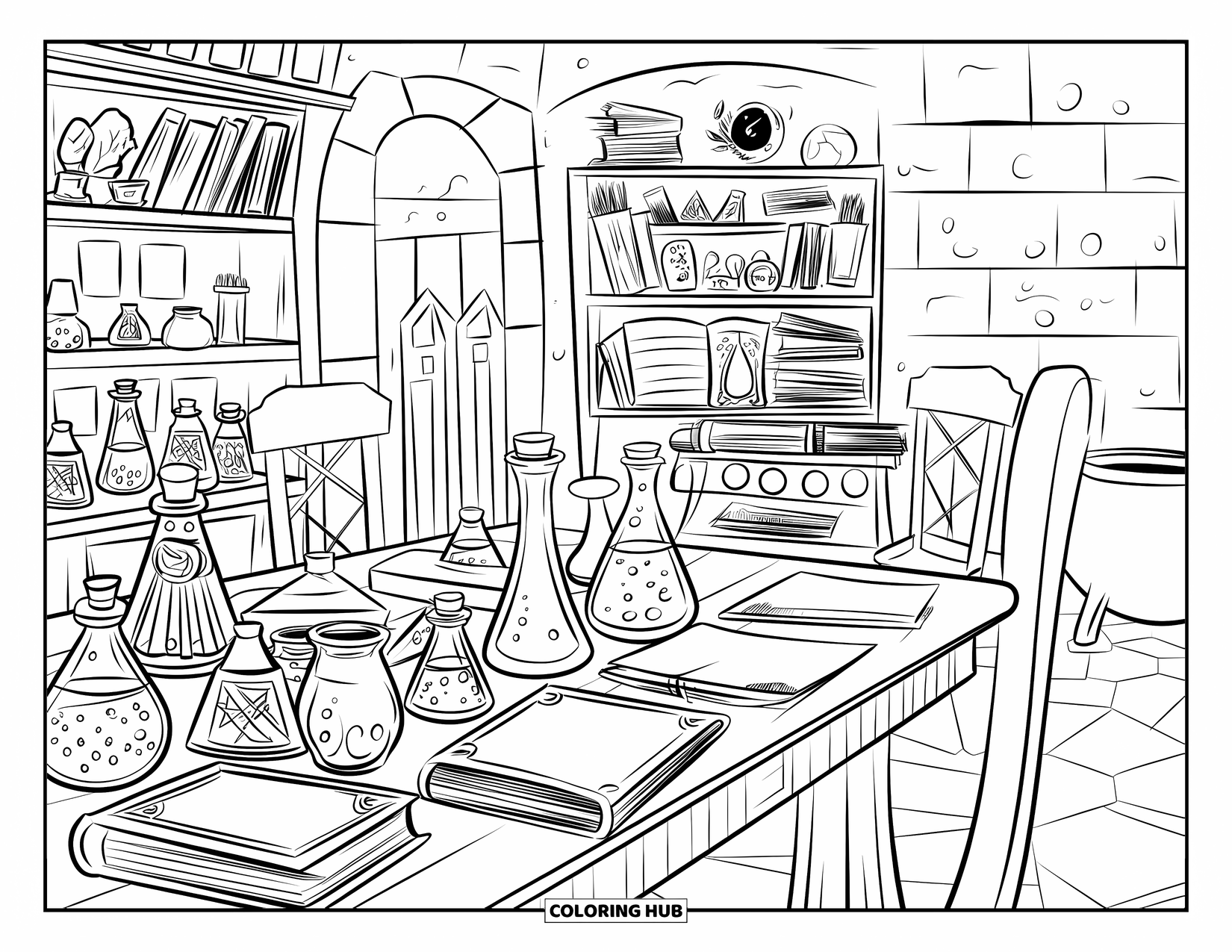 Kolorowanka na Halloween dla dorosłych: Apteka czarownicy z półkami eliksirów, starą pergaminą i kotłem w rogu