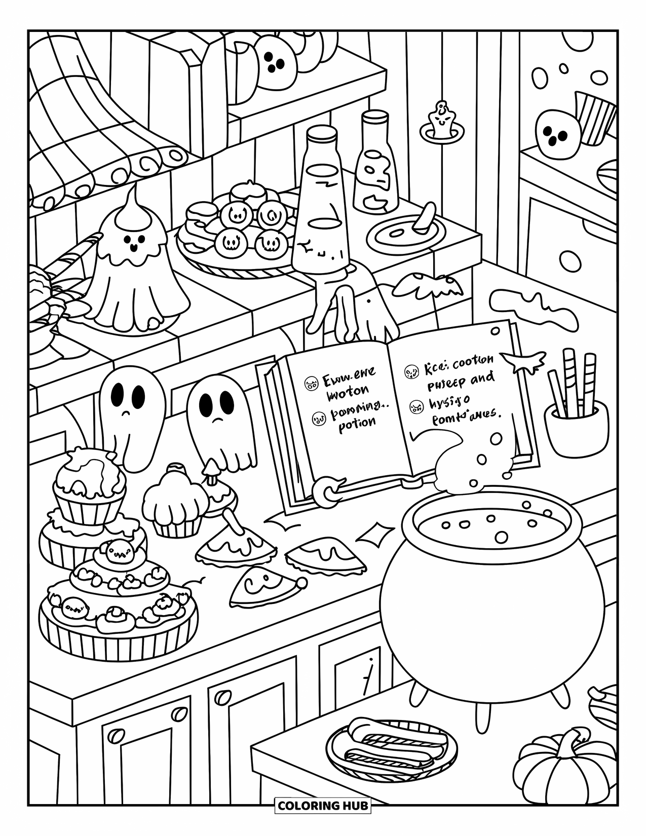 Kolorowanka na Halloween dla dorosłych: Kuchnia czarownicy wypełniona uroczymi halloweenowymi słodyczami, eliksirami i małą książeczką z przepisami
