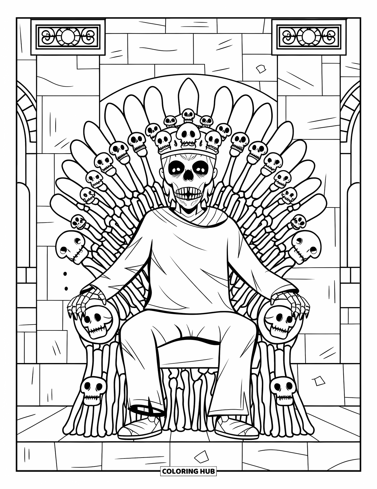 Kolorowanka na Halloween dla dorosłych: Król zombie w podartej szacie siedzi na tronie ze stosu kości w ciemnym zamku