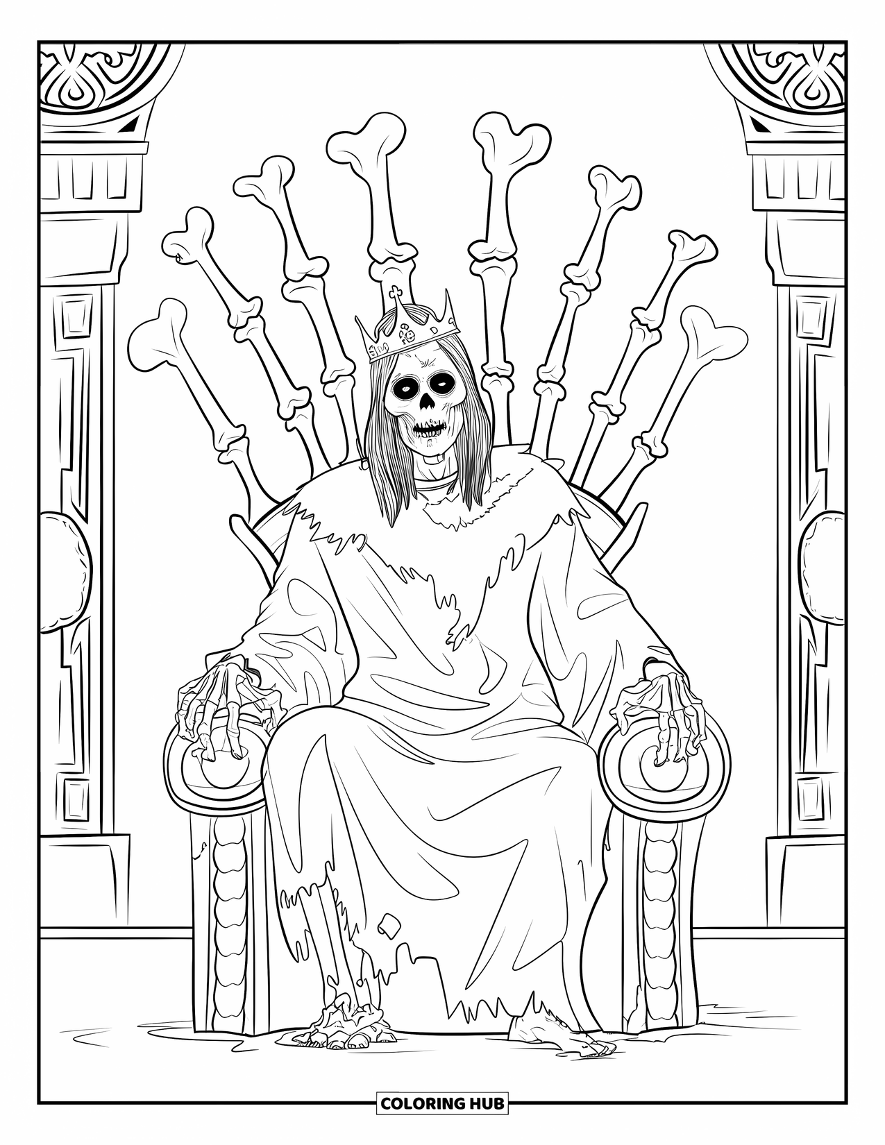 Kolorowanka na Halloween dla dorosłych: Król zombie z pustymi oczami i kościstą ręką ściska swój tron w zacienionej komnacie