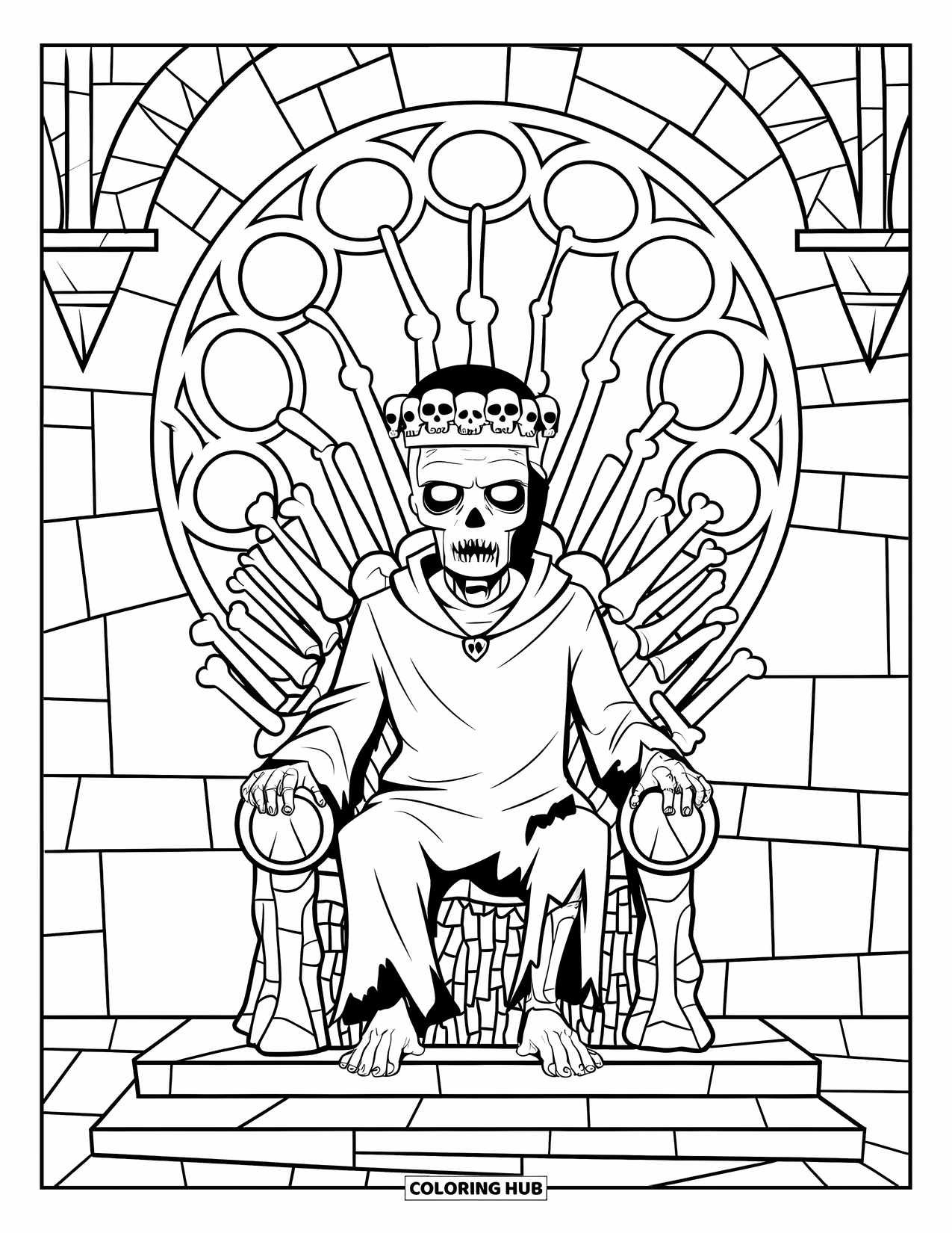 Kolorowanka na Halloween dla dorosłych: Król zombie z długimi włosami i szkieletową ręką rządzi z wielkiego tronu z kości