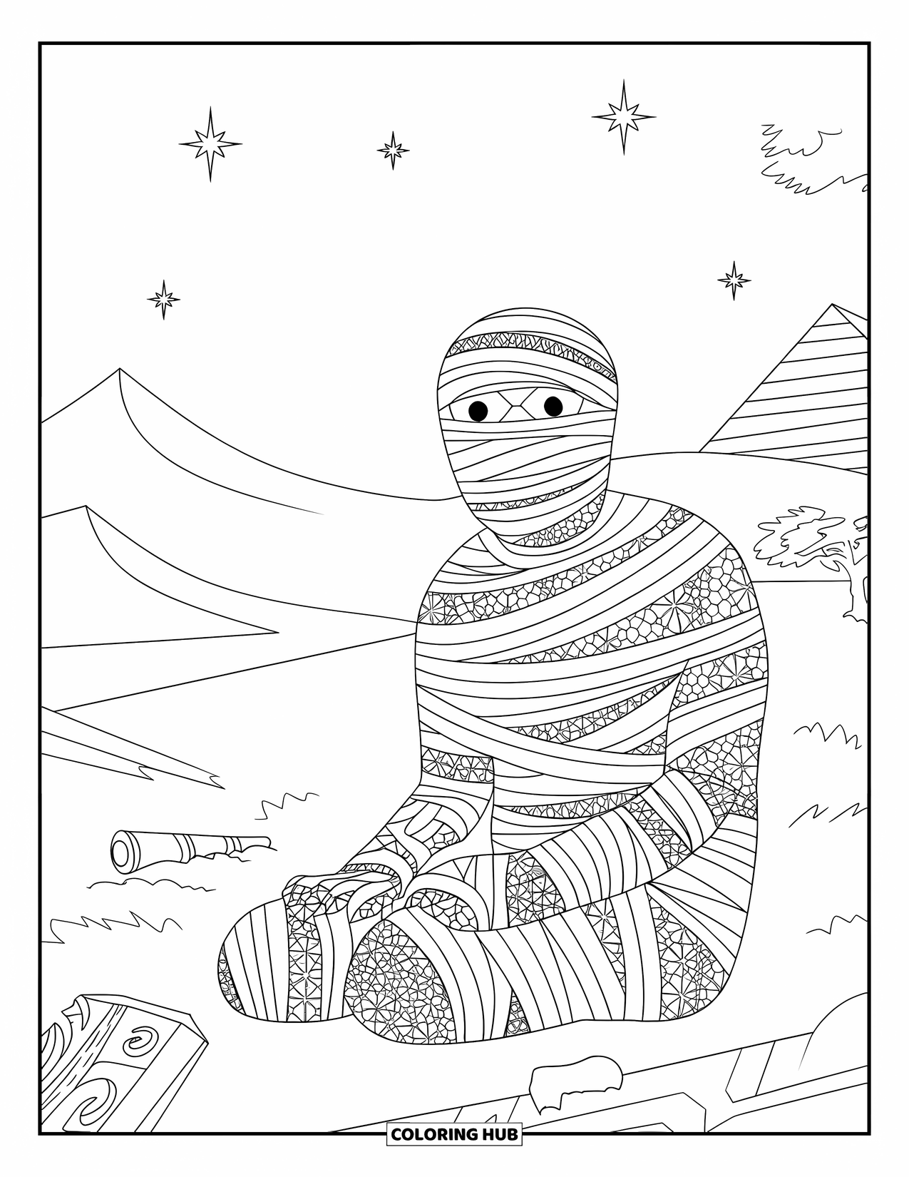 Kolorowanka na Halloween dla dorosłych: Starożytna mumia owinięta w skomplikowane bandaże siedzi w pustynnym krajobrazie pod gwiaździstym niebem