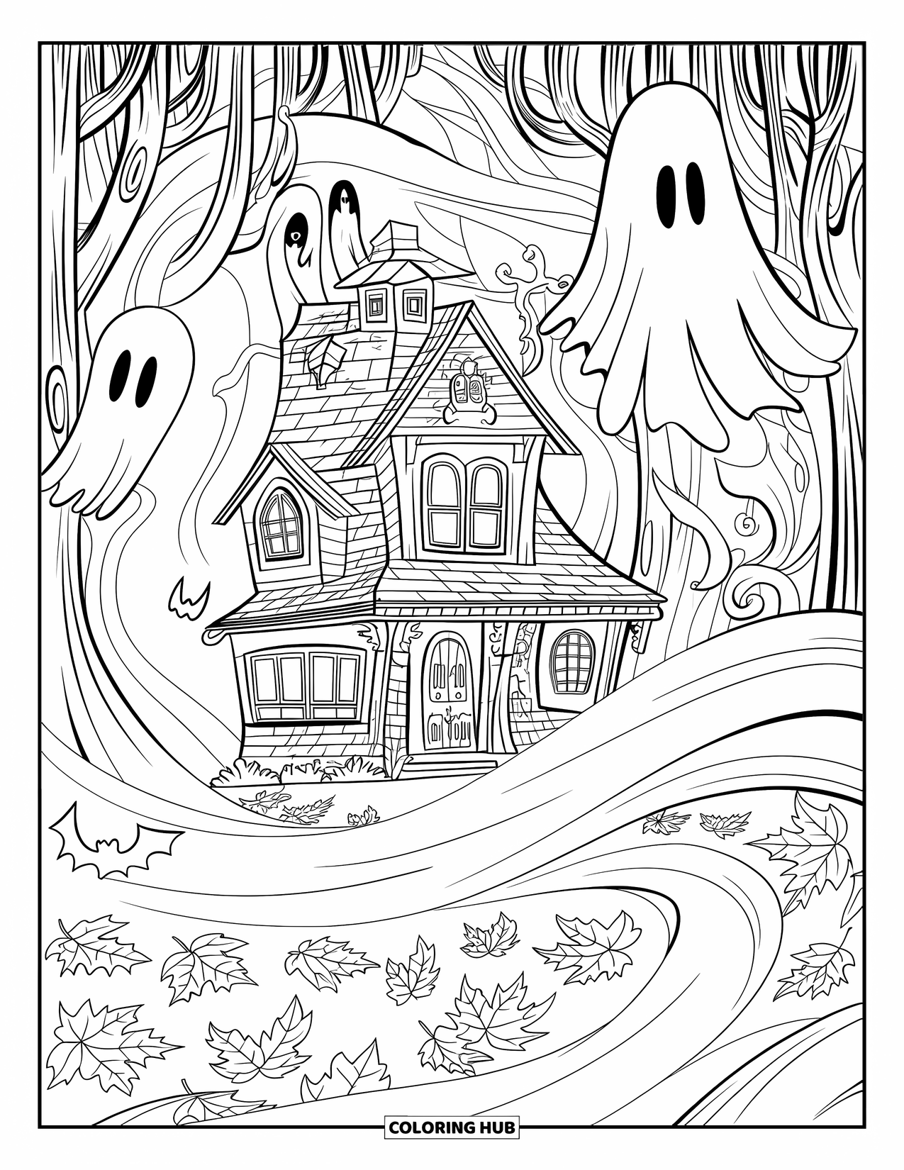 Kolorowanka na Halloween dla dorosłych: Upiorny dom spowity mgłą, z unoszącymi się duchowymi postaciami i lasem pokręconych drzew