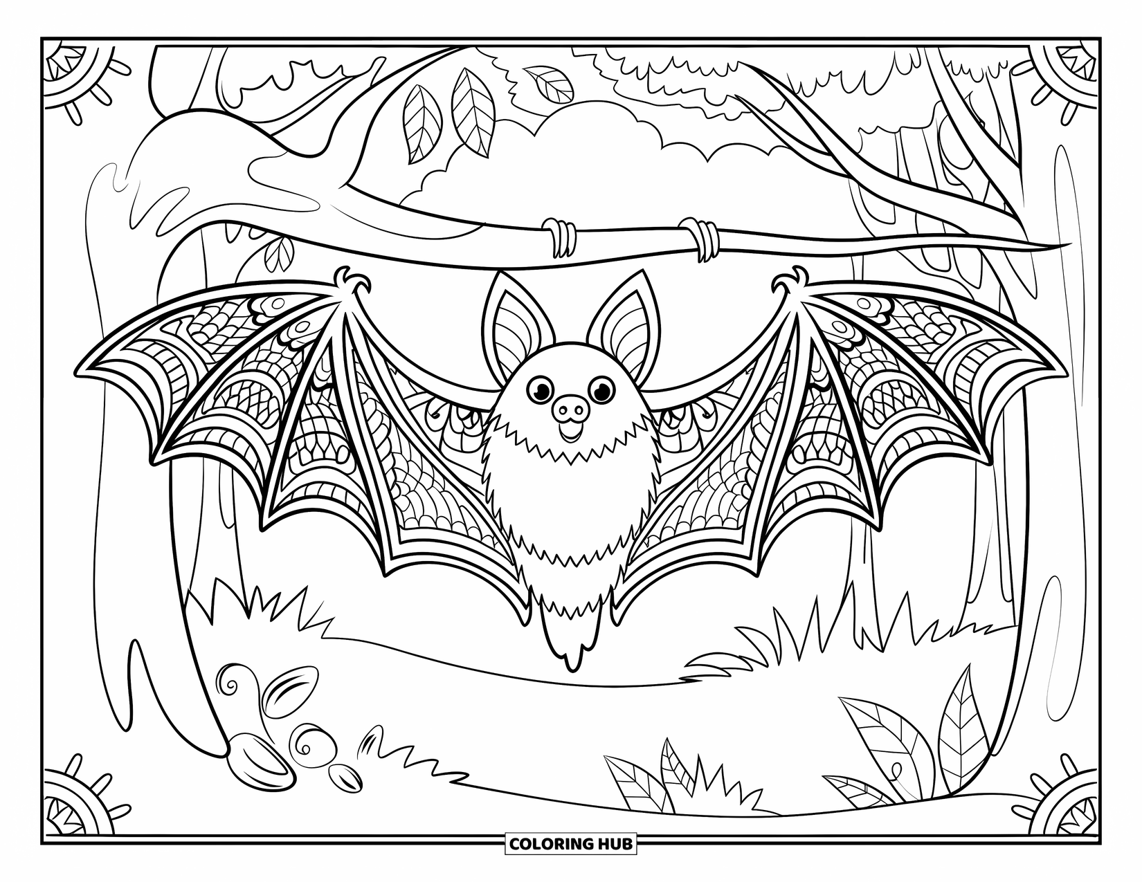 Kolorowanka na Halloween dla dorosłych: Elegancki nietoperz ze szczegółowymi skrzydłami przypominającymi mandalę wisi do góry nogami na pokręconej gałęzi