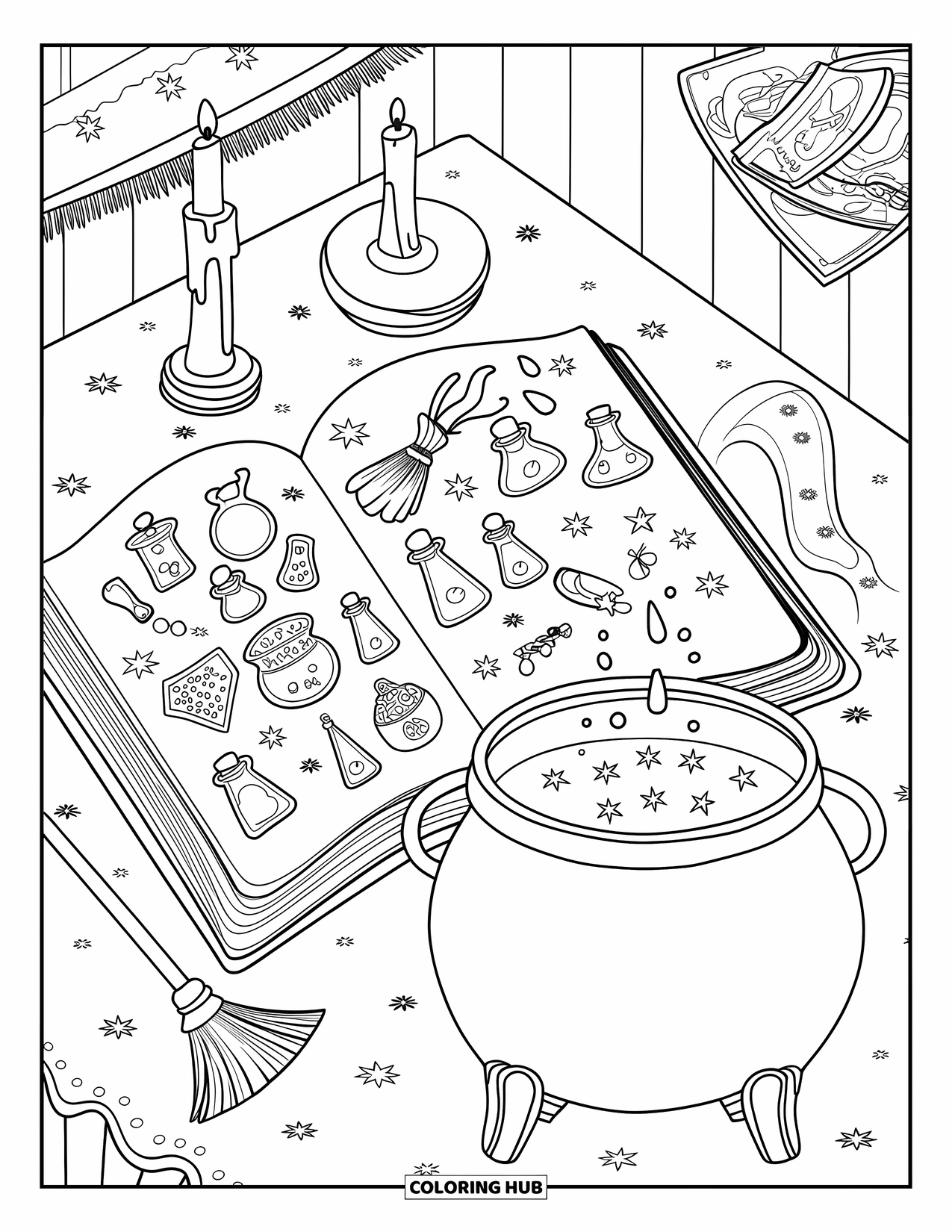 Kolorowanka na Halloween dla dorosłych: Zaczarowana księga zaklęć wypełniona notatkami o eliksirach, obok bulgoczący kocioł i unoszące się gwiazdy