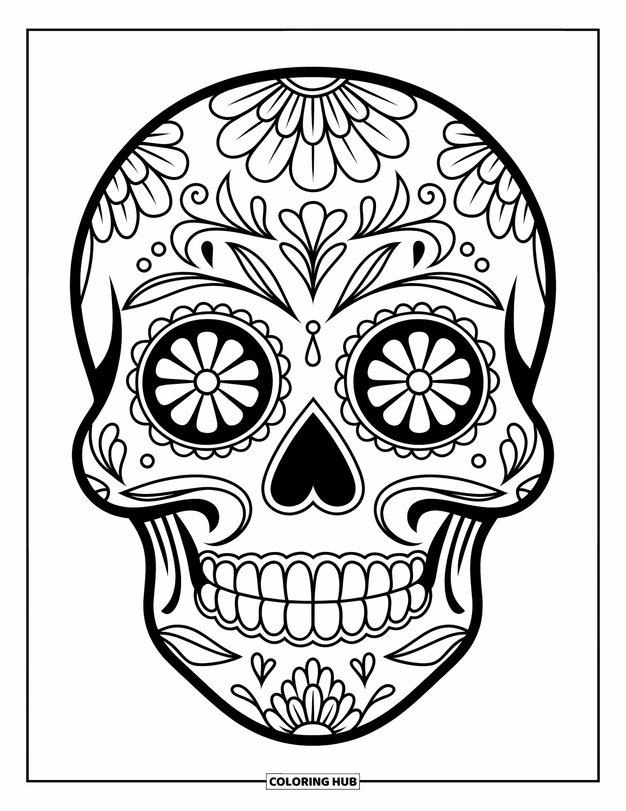 Kolorowanka na Halloween dla dorosłych: Skomplikowanie zaprojektowana cukrowa czaszka otoczona kwiatami, pnączami i delikatnym filigranem