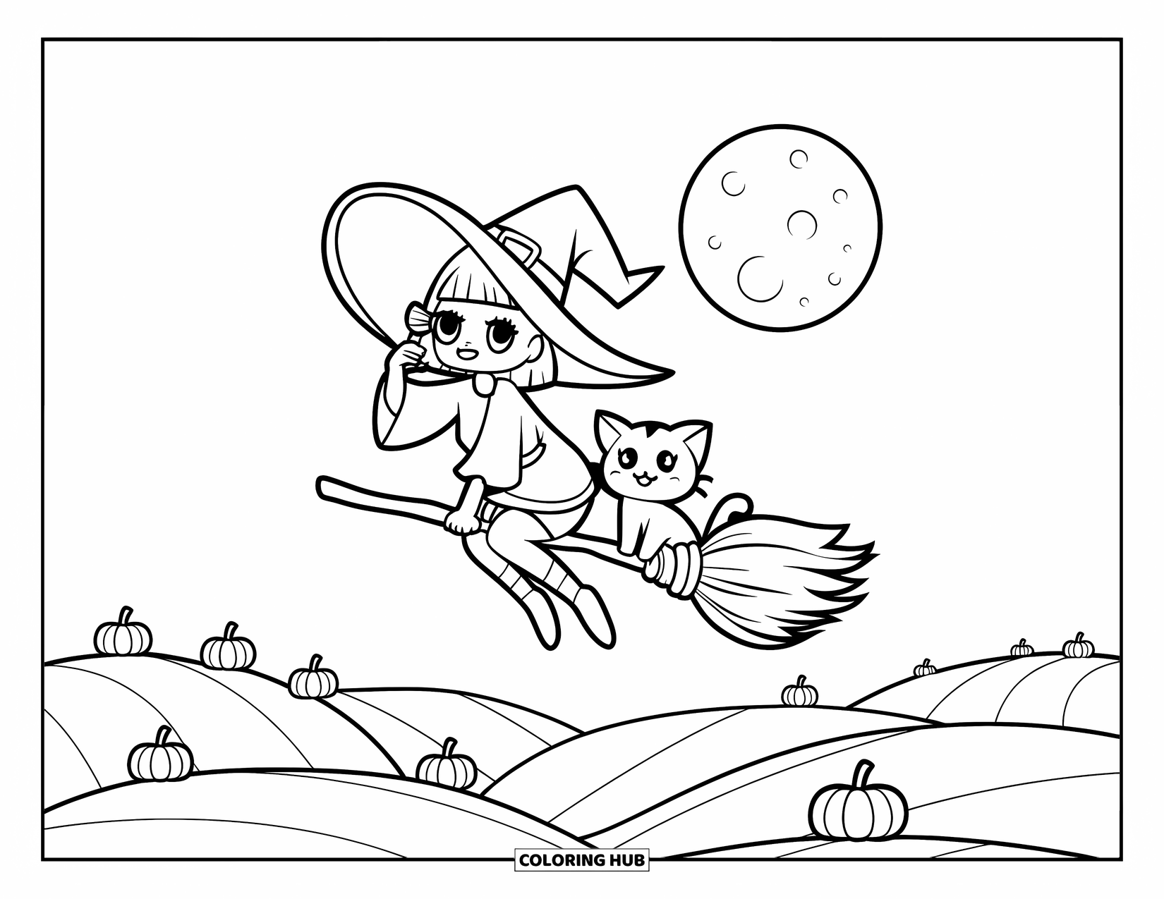 Kolorowanka na Halloween dla dorosłych: Trzy małe nietoperze z okrągłymi skrzydłami wiszą do góry nogami na gałęzi drzewa pod świecącym księżycem