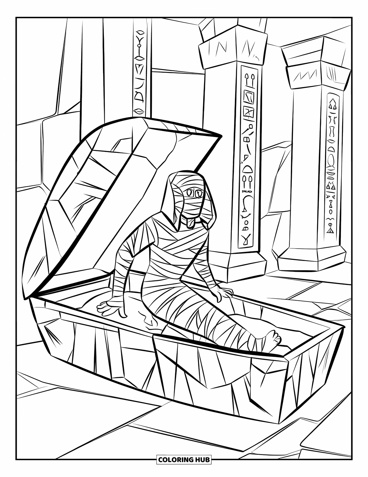 Kolorowanka na Halloween dla dzieci: Zabandażowana mumia wyłania się z rozbitego sarkofagu, a ściany z kamienia pokrywają hieroglify
