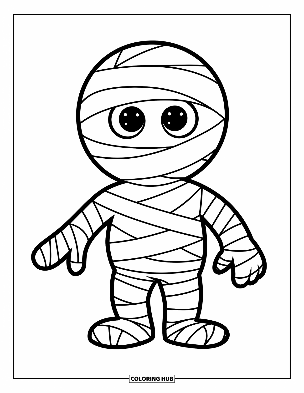 Kolorowanka na Halloween dla dzieci: Zabandażowana mumia z figlarnymi oczami stoi owinięta od stóp do głów