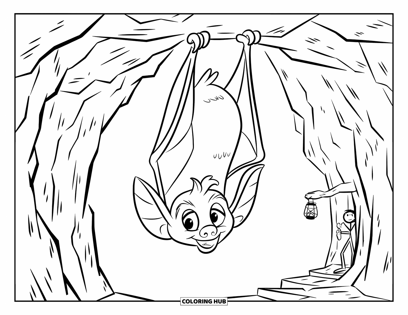 Kolorowanka na Halloween dla dzieci: Nietoperz z dużymi oczami i złożonymi skrzydłami wisi w skalnej jaskini, obserwując wyjście