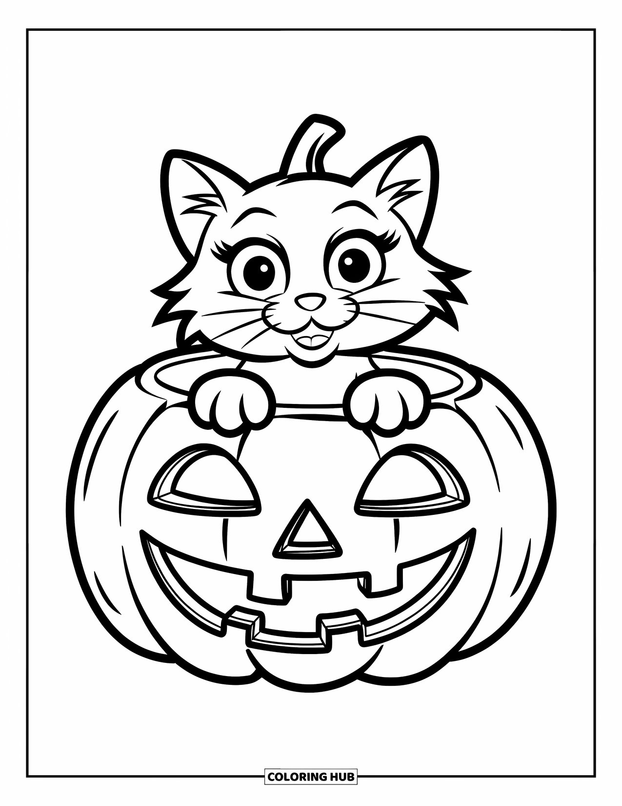Kolorowanka na Halloween dla dzieci: Czarny kot siedzi wewnątrz rzeźbionej dyni z radosnym, zębatym uśmiechem