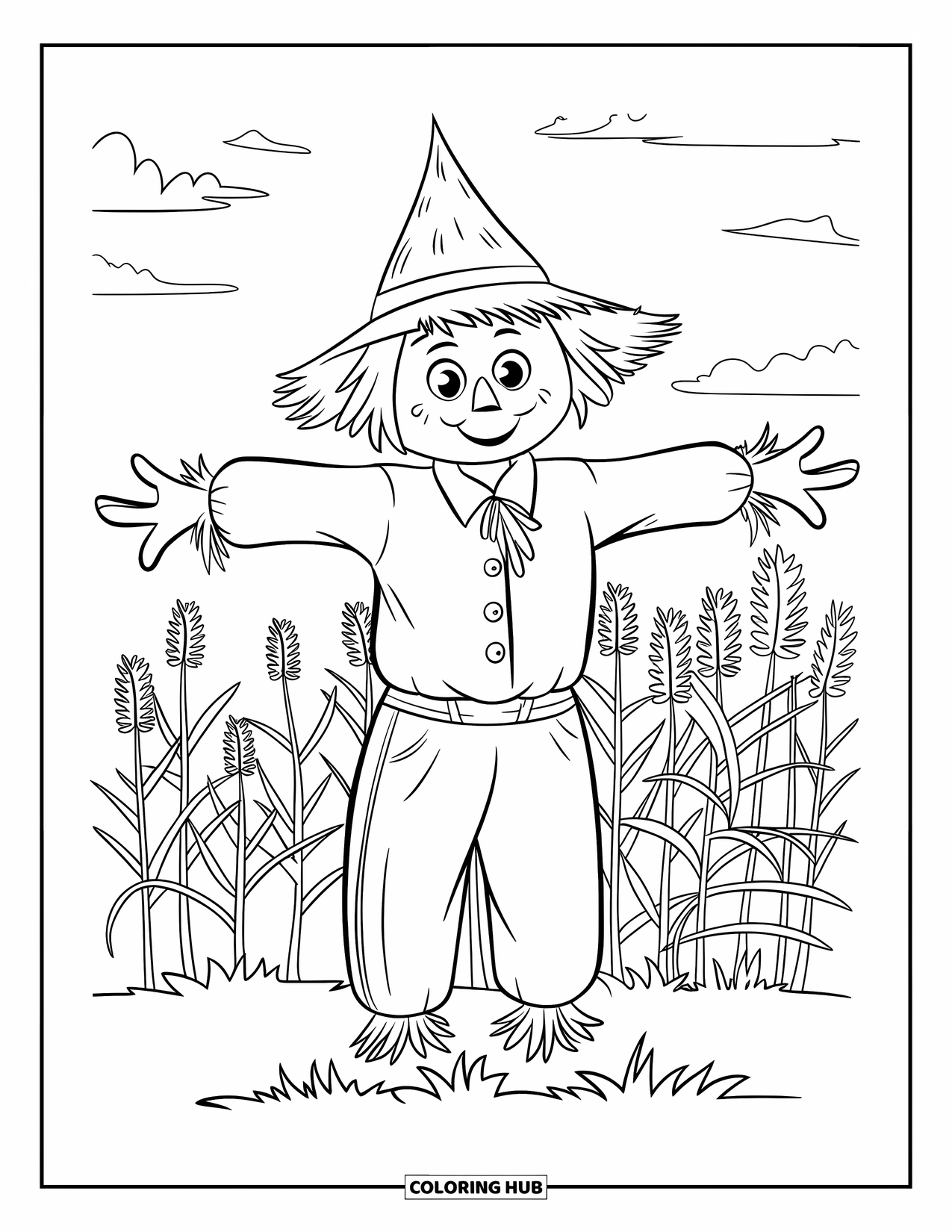 Kolorowanka na Halloween dla dzieci: Strach na wróble z guzikiem zamiast nosa i wesołym uśmiechem stoi wśród wysokich roślin i błękitnego nieba