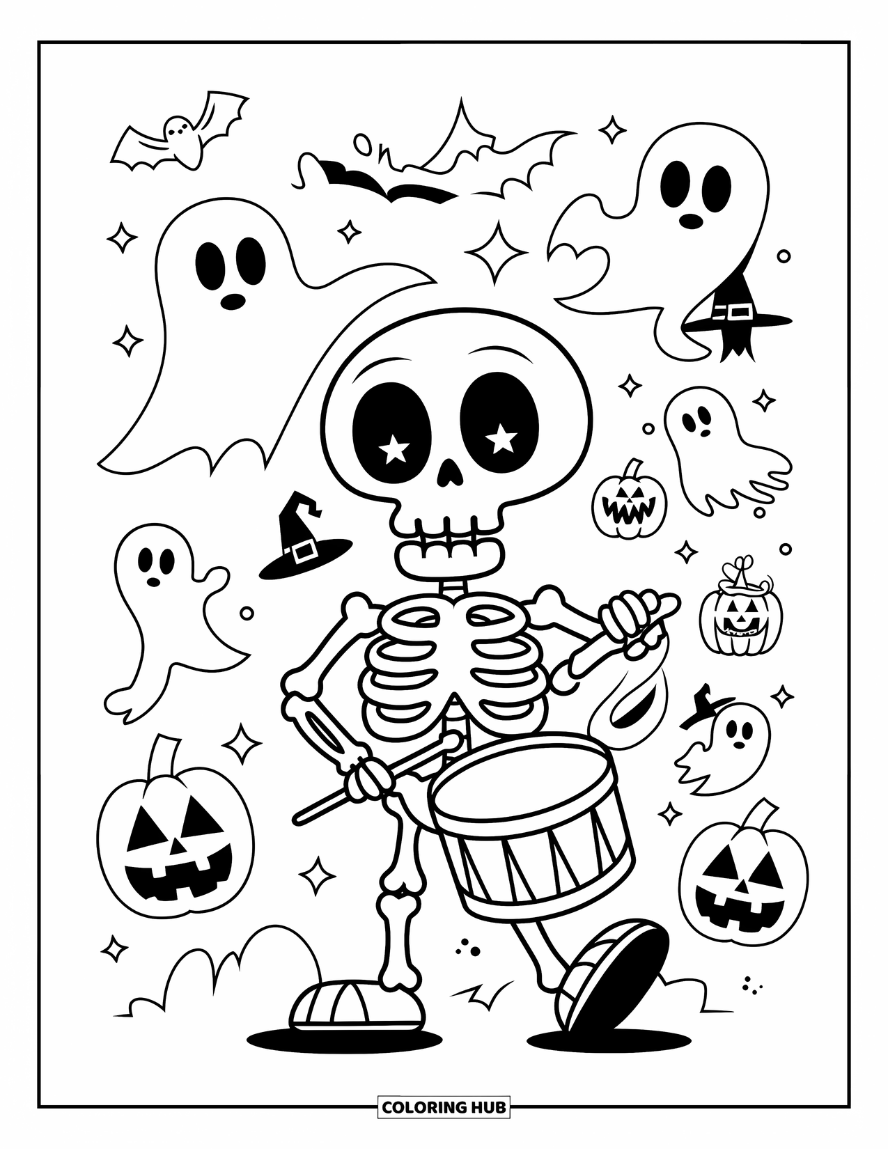 Kolorowanka na Halloween dla dzieci: Strach na wróble z guzikiem zamiast nosa i wstążką pod szyją obserwuje pole pełne dyń