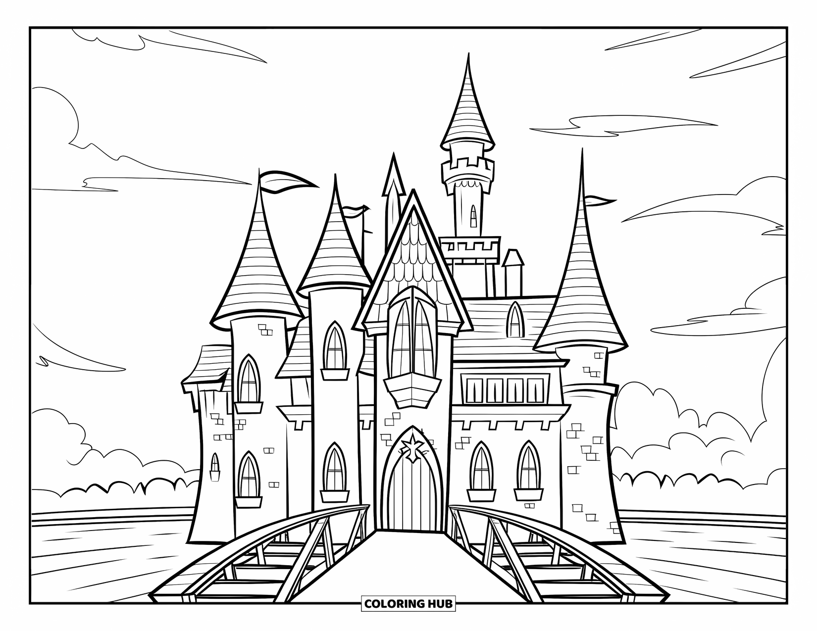 Kolorowanka na Halloween dla dzieci: Zamek z wysokimi wieżyczkami stoi obok nieruchomej fosy pod ciemniejącym niebem