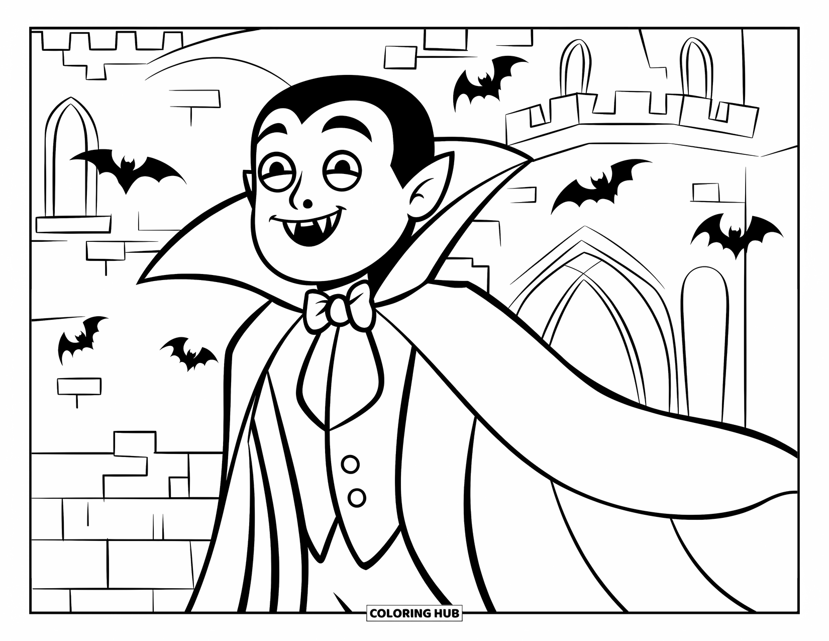 Kolorowanka na Halloween dla dzieci: Uroczy wampir w smokingu uśmiecha się, a za nim latają nietoperze