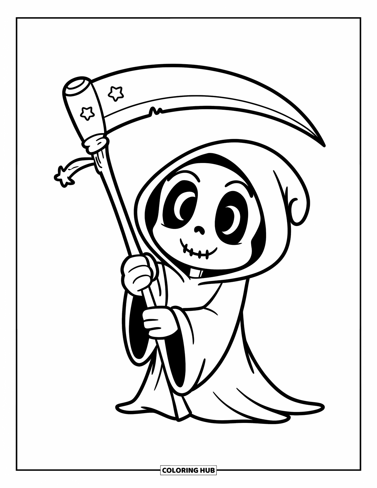 Kolorowanka na Halloween dla dzieci: Wesoły Ponury Żniwiarz w szacie z kapturem niesie małą kosę z błyskiem