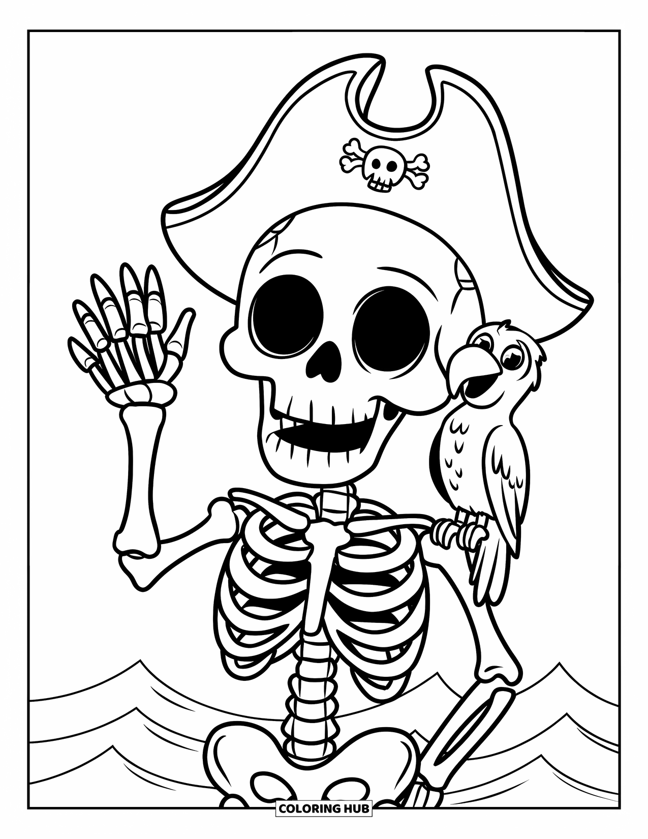 Kolorowanka na Halloween dla dzieci: Wesoły szkielet w pirackim kapeluszu podnosi jedną rękę w żartobnym powitaniu