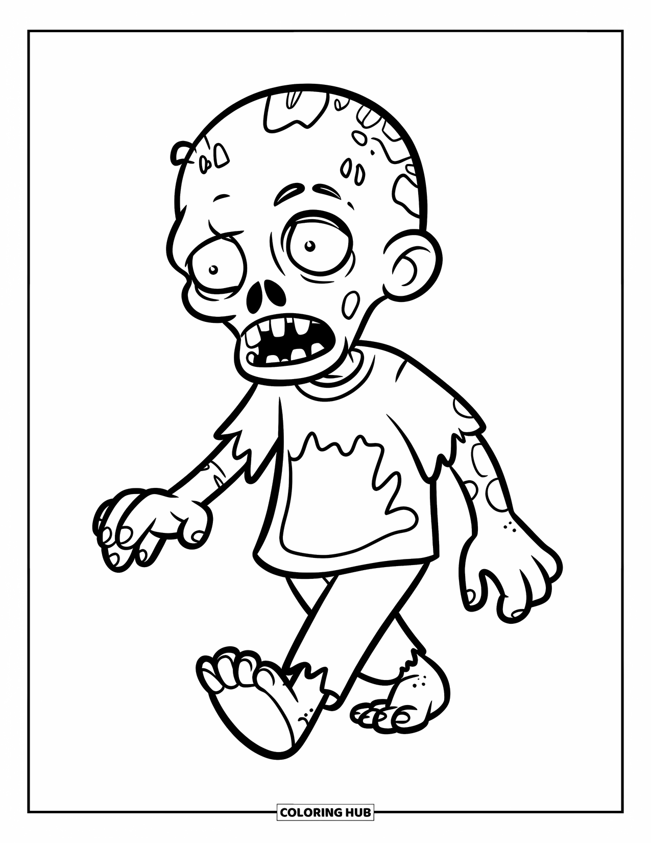 Kolorowanka na Halloween dla dzieci: Wesoły zombie potyka się do przodu z wyciągniętymi ramionami w żartobnej pozie