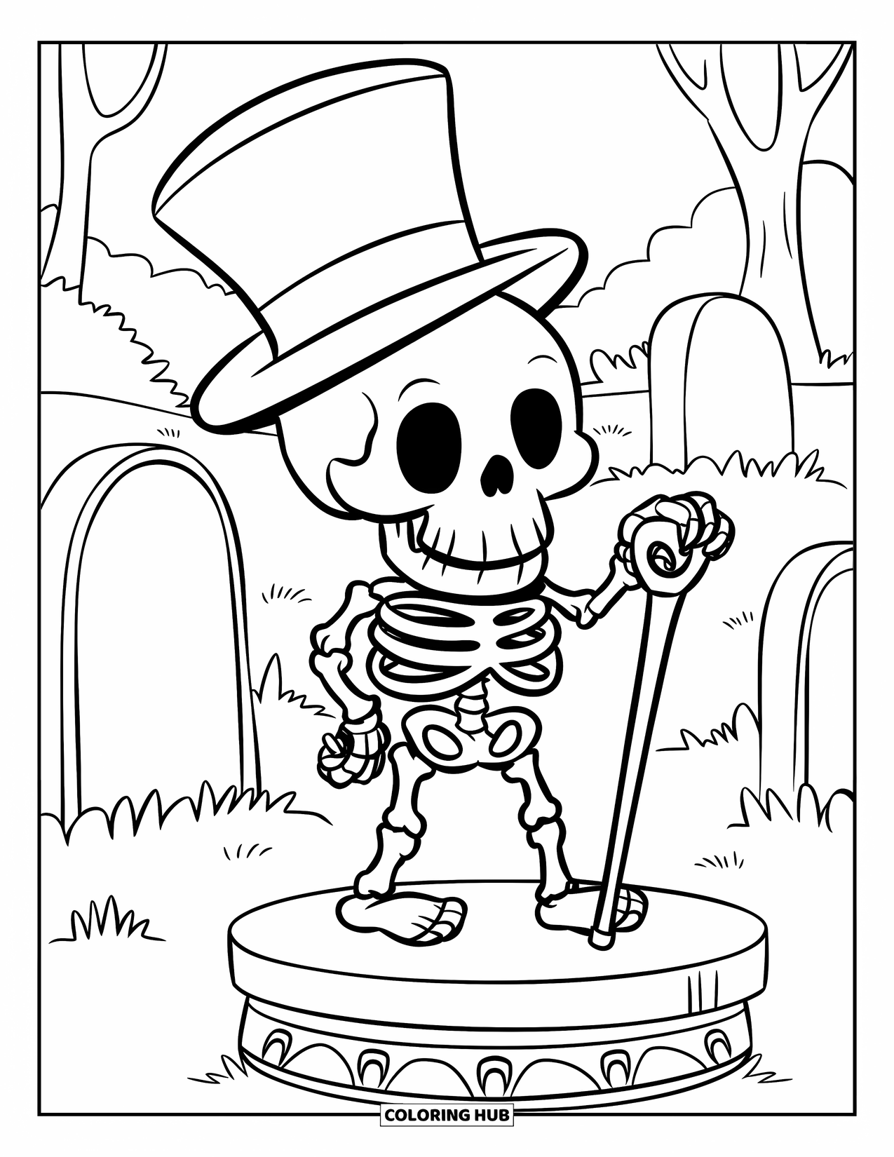 Kolorowanka na Halloween dla dzieci: Elegancki szkielet w cylindrze stoi dumnie z laską na oświetlonym księżycem cmentarzu