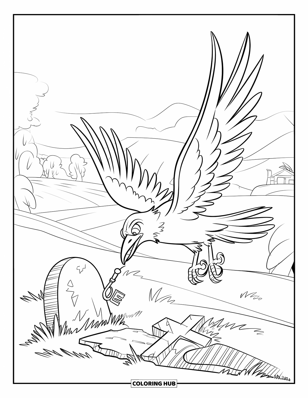 Kolorowanka na Halloween dla dzieci: Kruk o ciemnych piórach trzyma klucz, szybując w kierunku zwietrzałego grobu