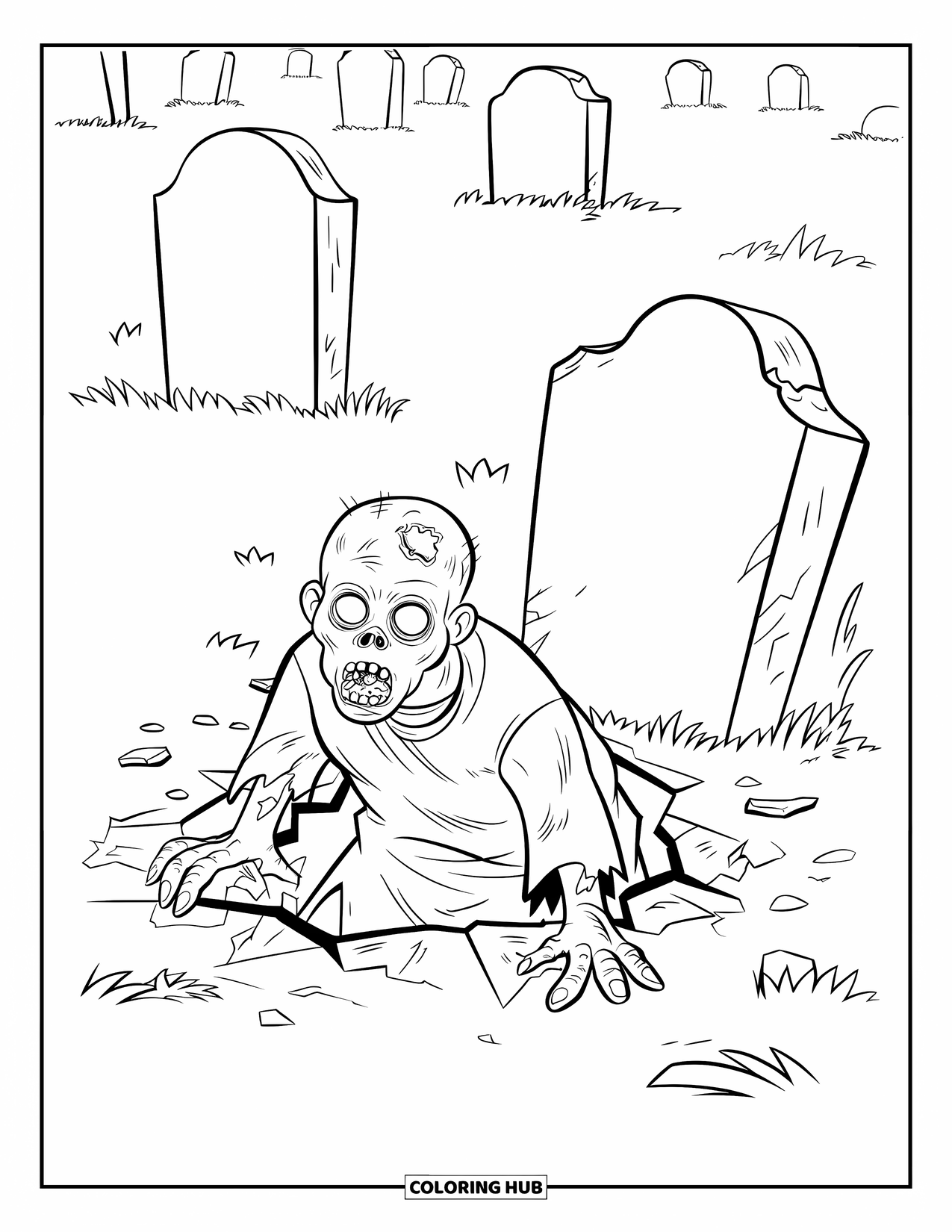 Kolorowanka na Halloween dla dzieci: Rozkładający się zombie wyczołguje się z rozbitego grobu, otoczony zniszczonymi nagrobkami