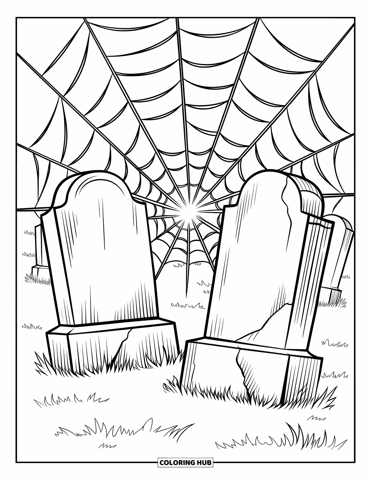 Kolorowanka na Halloween dla dzieci: Szczegółowa pajęczyna rozciąga się między popękanymi nagrobkami na zamglonym cmentarzu