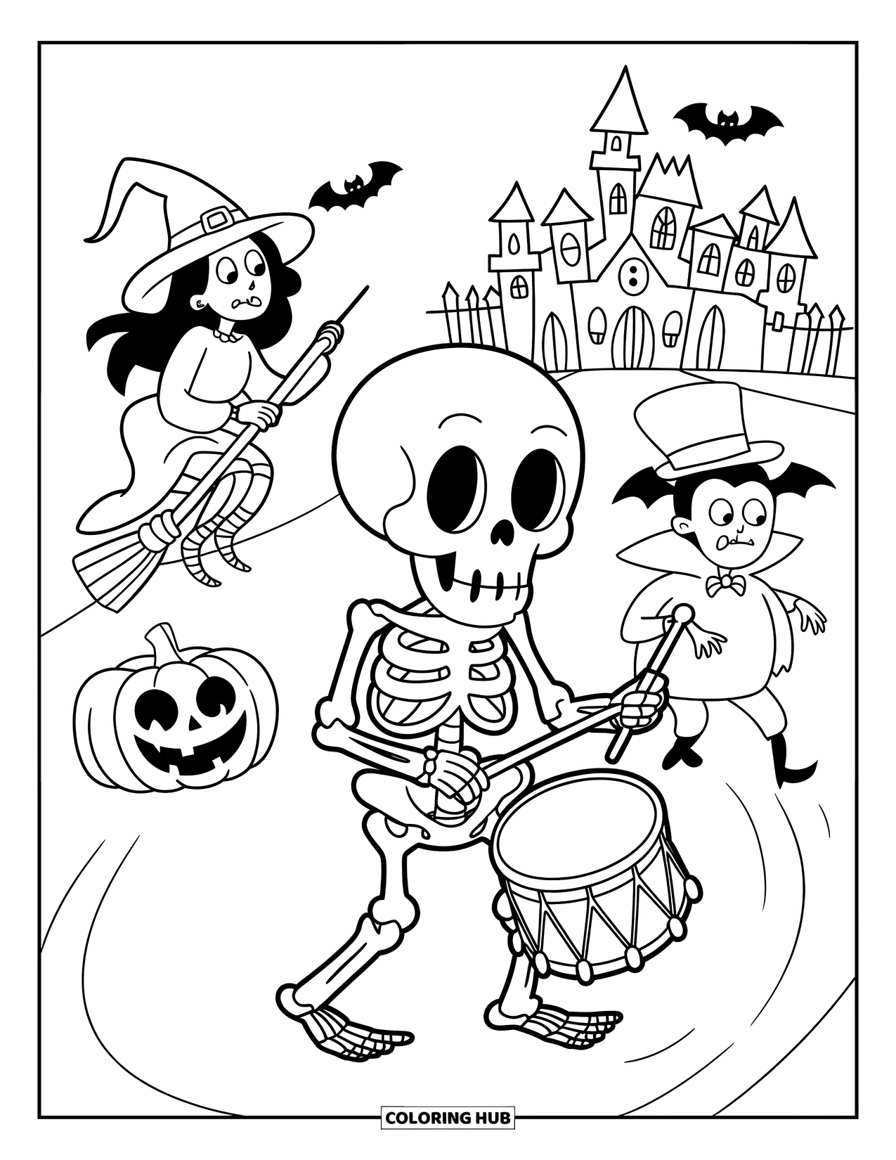Kolorowanka na Halloween dla dzieci: Szkielet bębniący prowadzi paradę halloweenowych stworzeń, w tym czarownicę i ducha