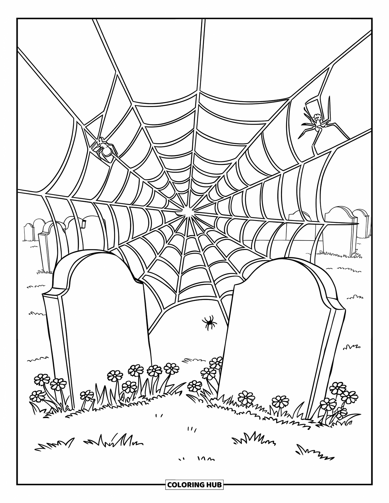 Kolorowanka na Halloween dla dzieci: Kilka pająków czołga się po pajęczynie łączącej dwa nagrobki na cichym cmentarzu