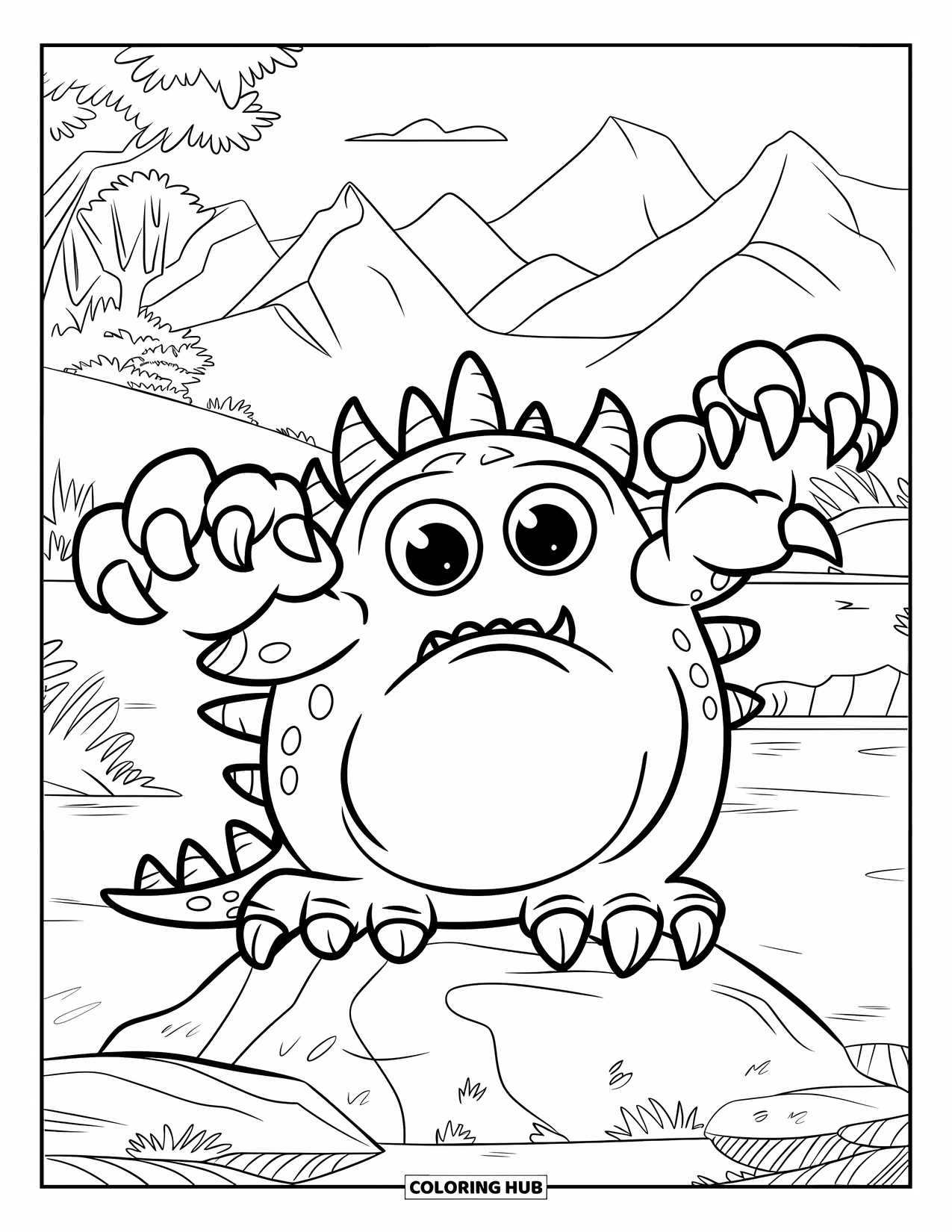 Kolorowanka na Halloween dla dzieci: Groźny potwór z kolczastymi rogami i świecącymi oczami wyciąga długie szpony