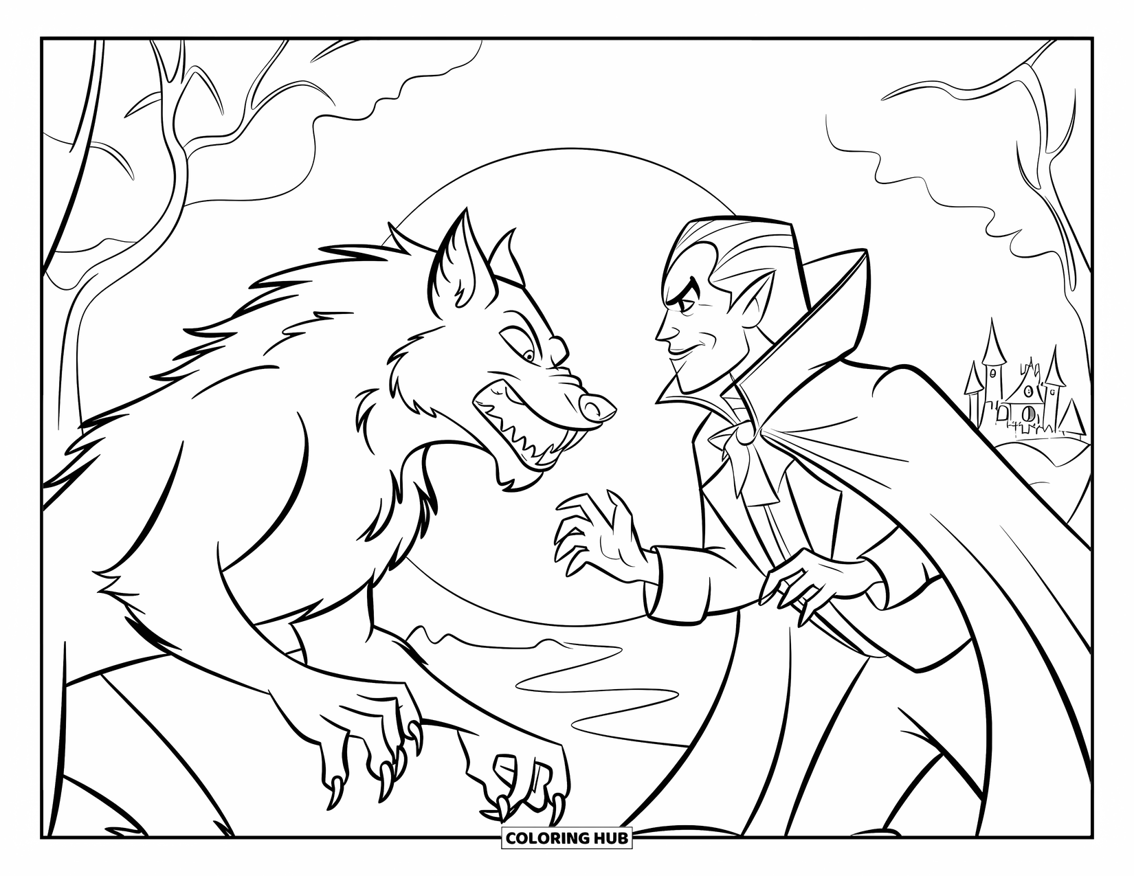 Kolorowanka na Halloween dla dzieci: Groźny wilkołak i wampir w płaszczu stoją gotowi do walki pod świecącym księżycem