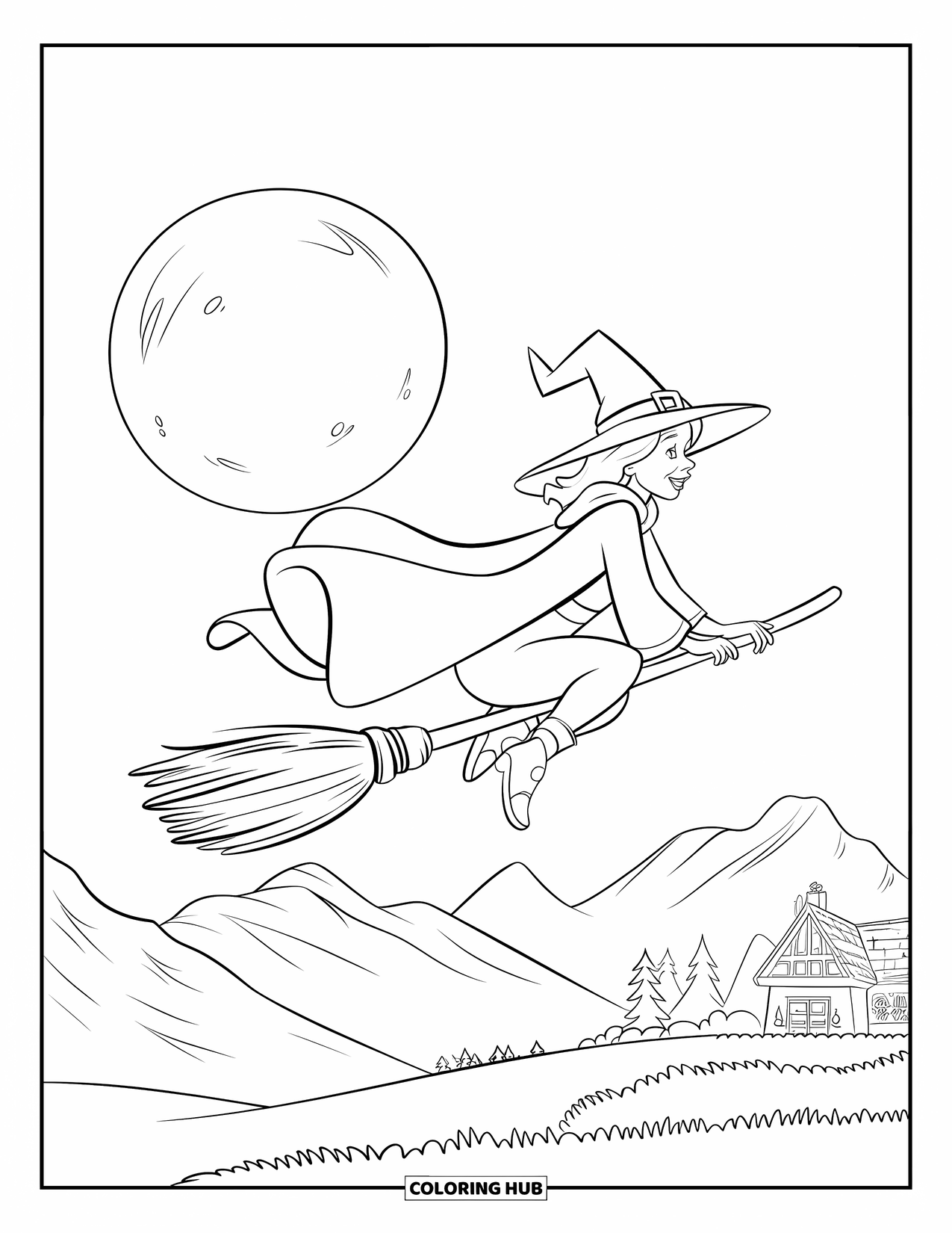 Kolorowanka na Halloween dla dzieci: Latająca czarownica z powiewającą peleryną trzyma się miotły pod rozgwieżdżonym niebem