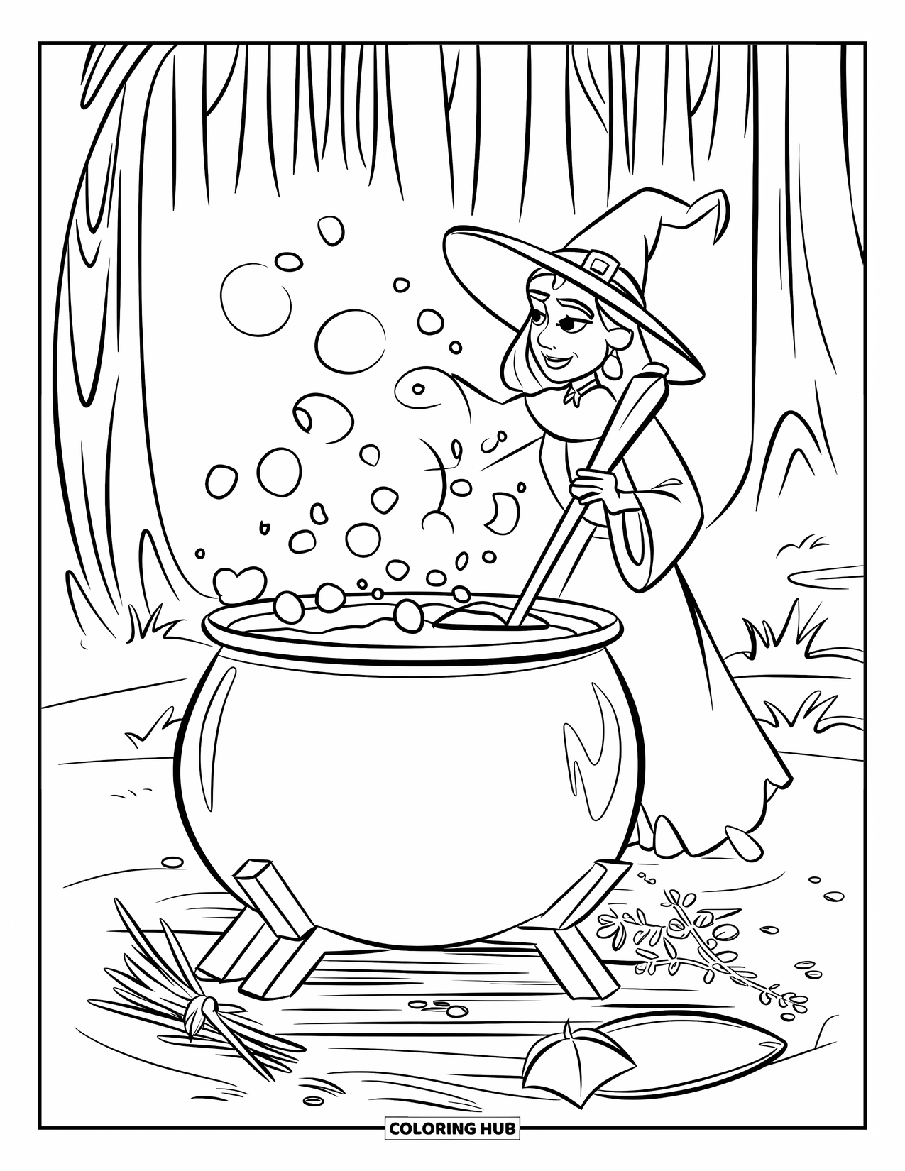 Kolorowanka na Halloween dla dzieci: Leśna czarownica miesza w swoim kotle, otoczona ziołami i bulgoczącymi składnikami