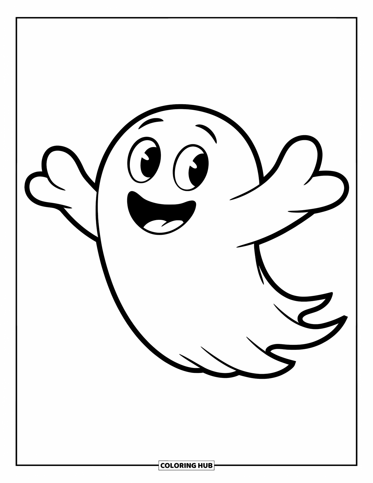 Kolorowanka na Halloween dla dzieci: Przyjazny duch z dużymi oczami i wyciągniętymi ramionami radośnie unosi się w powietrzu