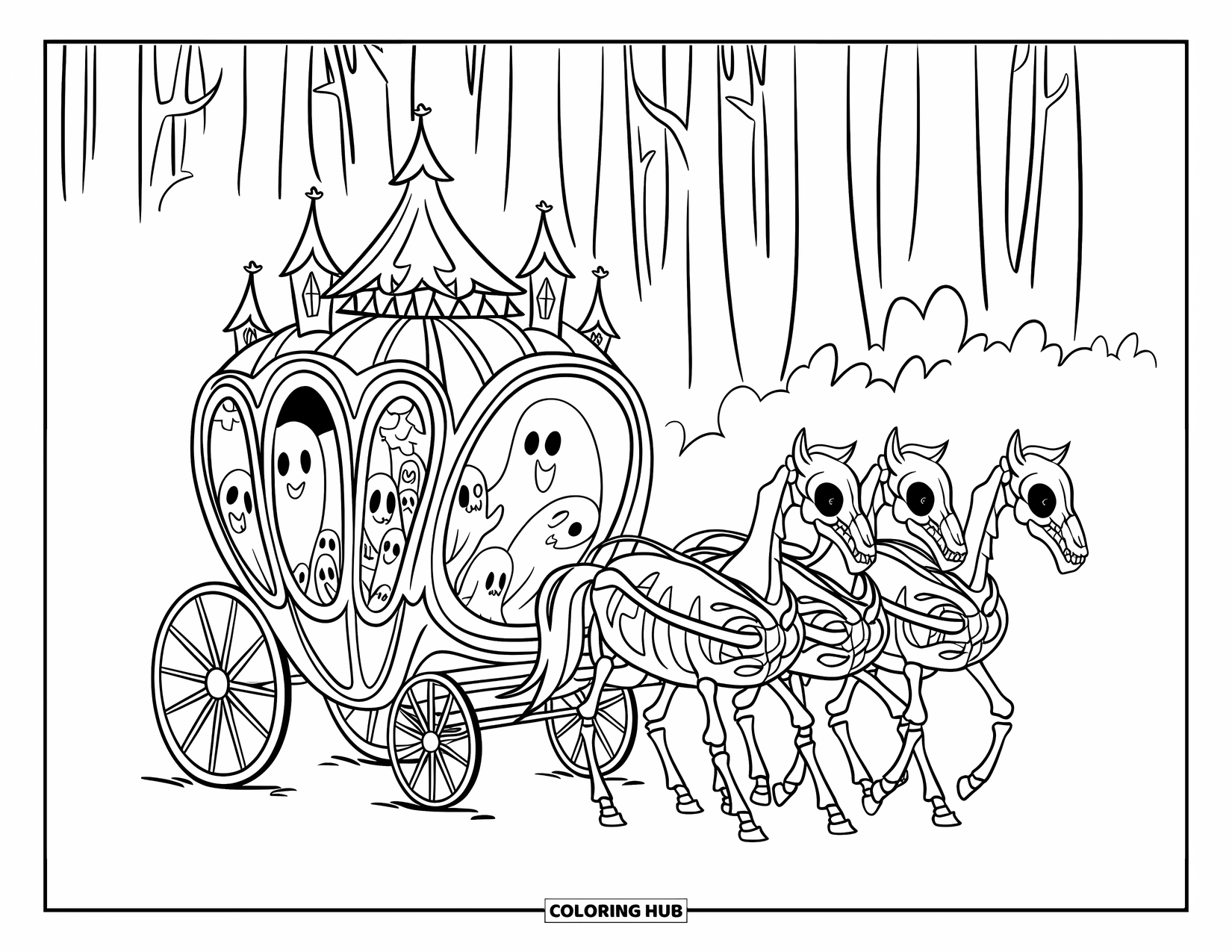 Kolorowanka na Halloween dla dzieci: Upiorna karoca ciągnięta przez szkieletowe konie sunie przez ciemny, mglisty las