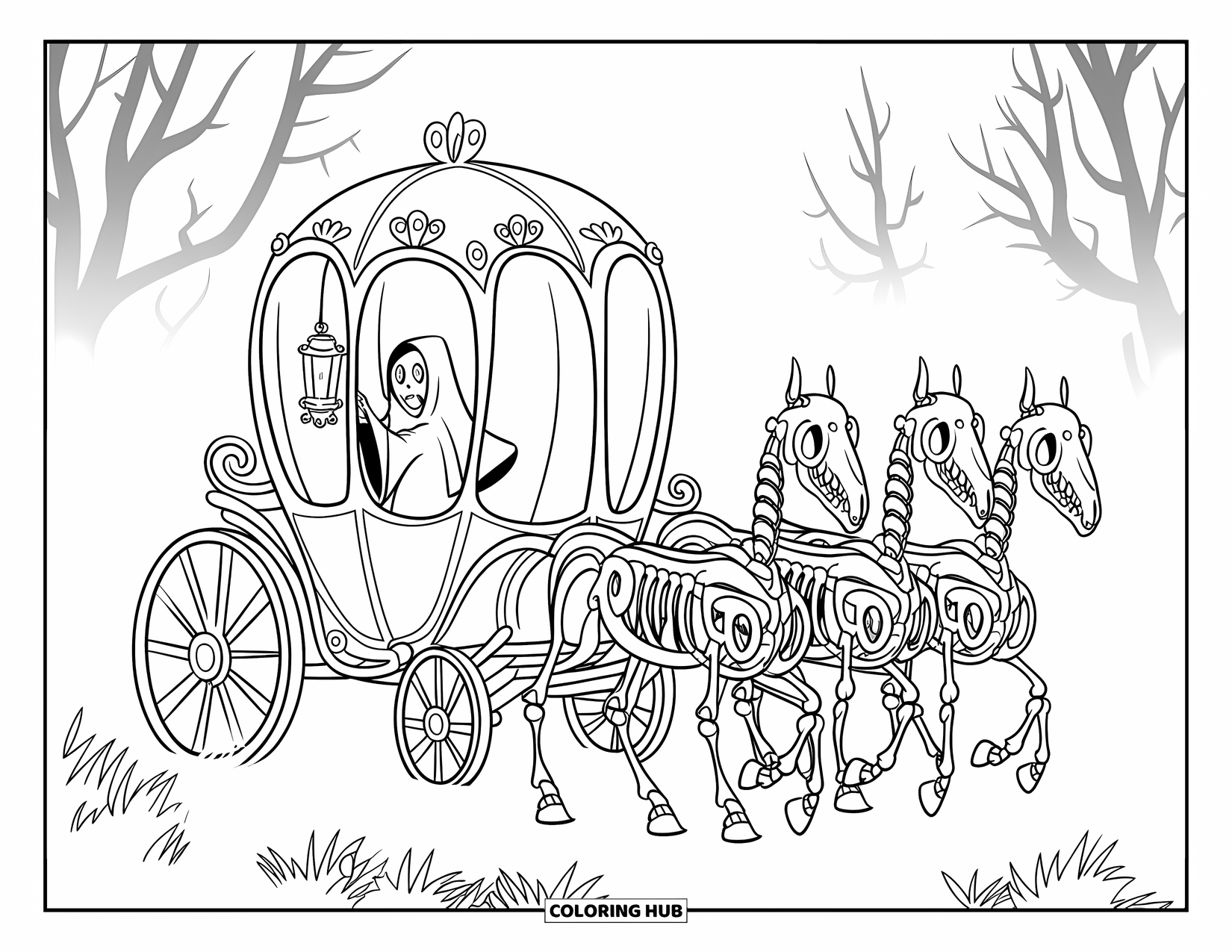 Kolorowanka na Halloween dla dzieci: Upiorna postać trzymająca latarnię jedzie nawiedzoną karocą ciągniętą przez szkieletowe konie