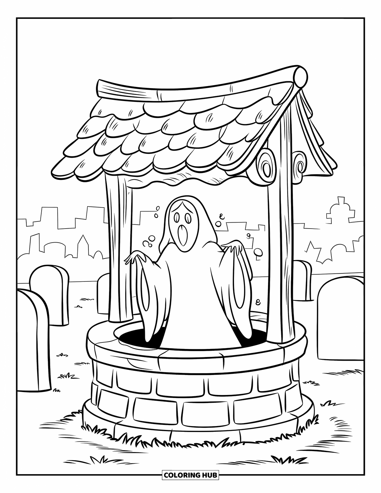 Kolorowanka na Halloween dla dzieci: Upiorna postać z długimi włosami wyłania się ze starej studni, otoczona gęstą mgłą