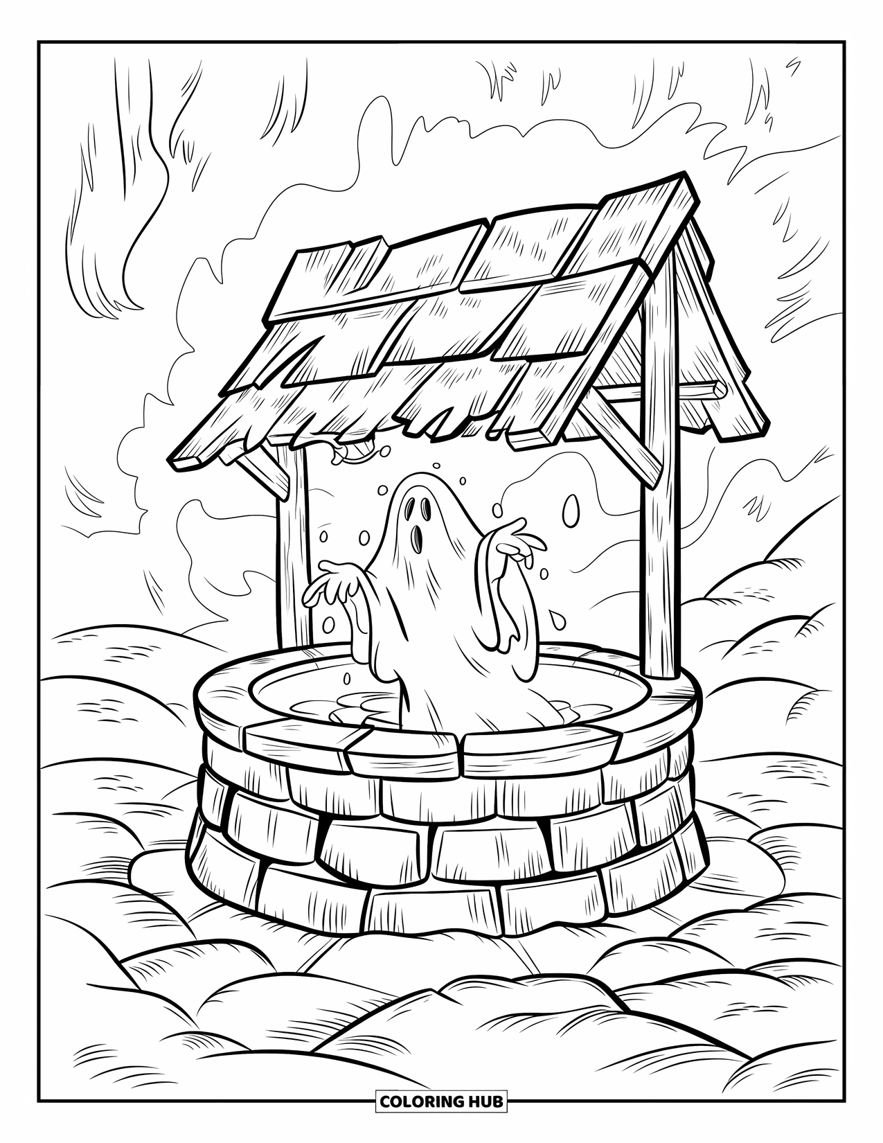 Kolorowanka na Halloween dla dzieci: Upiorna kobieta w podartej sukience wyłania się z kamiennej studni w skalistym krajobrazie