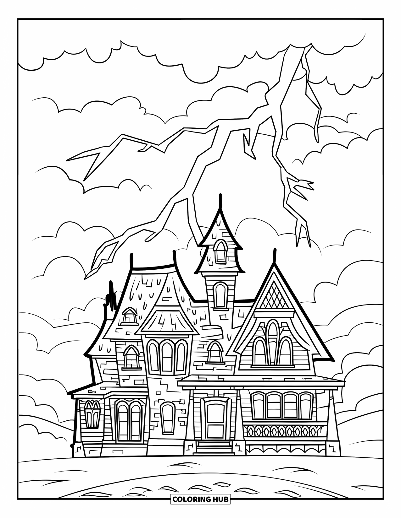 Kolorowanka na Halloween dla dzieci: Gotycka rezydencja z gargulcami i spiczastymi dachami stoi pod niebem wypełnionym błyskawicami