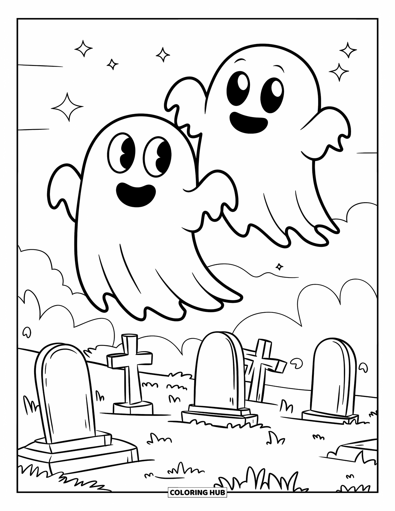 Kolorowanka na Halloween dla dzieci: Uśmiechnięty potwór z grubymi rogami i żółtą koszulą stoi na trawiastym polu