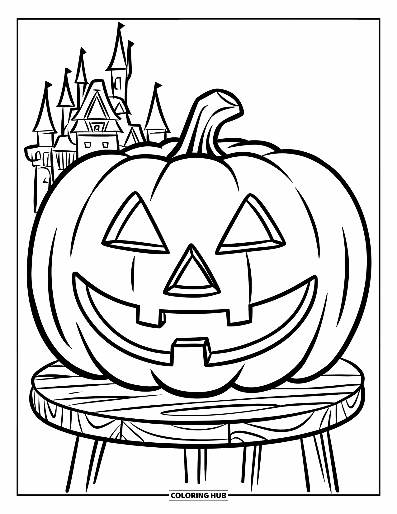 Kolorowanka na Halloween dla dzieci: Uśmiechnięta dynia z ostrymi zębami siedzi na drewnianym stojaku przed zamkiem