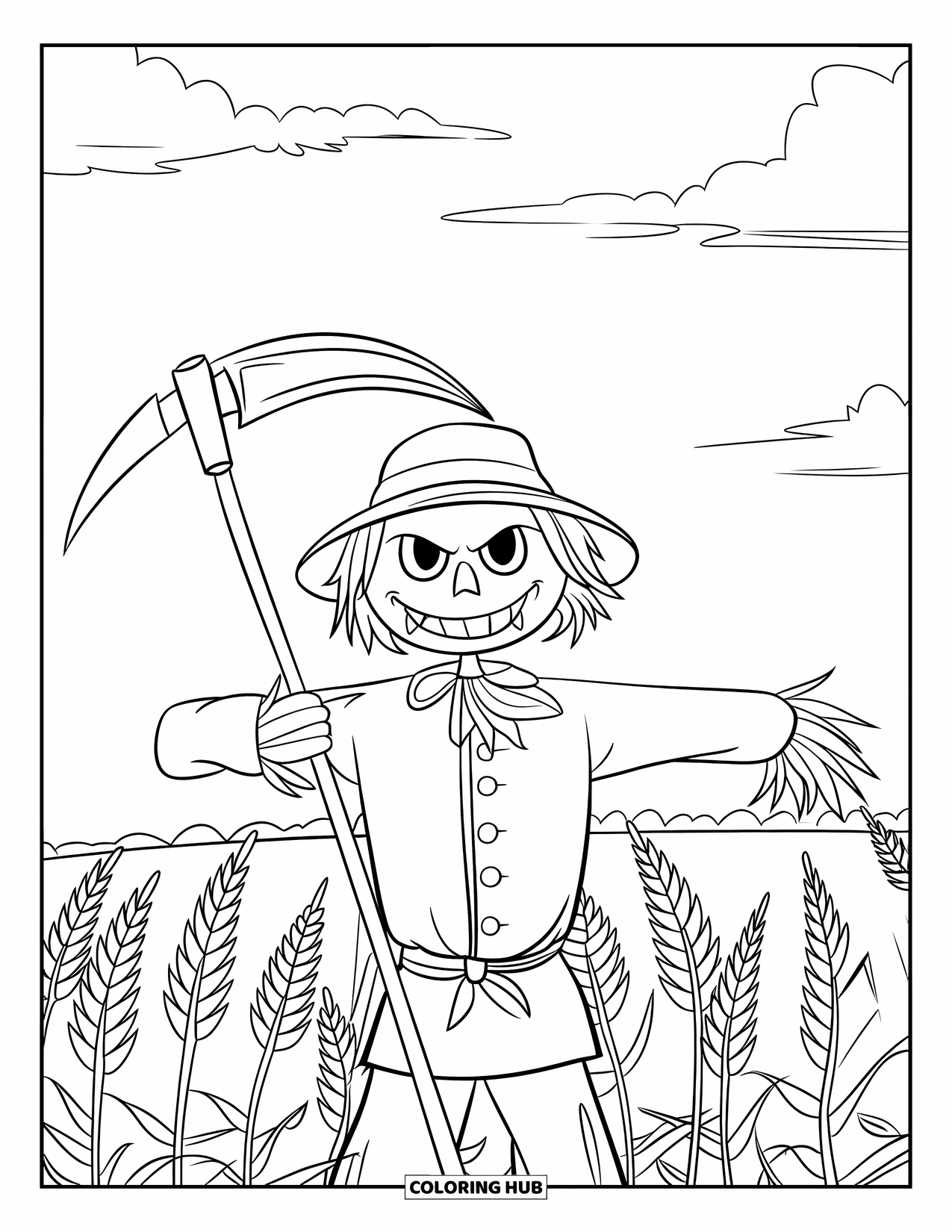 Kolorowanka na Halloween dla dzieci: Uśmiechnięty strach na wróble trzyma kosę, stojąc na polu upiornych, falujących plonów