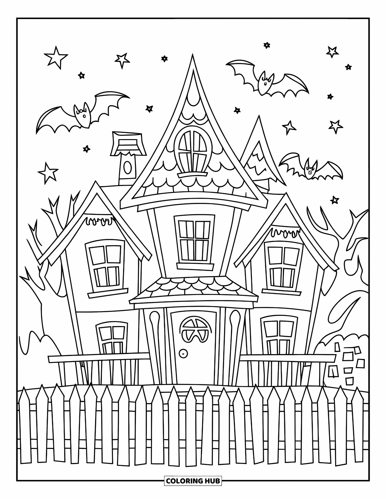 Kolorowanka na Halloween dla dzieci: Nawiedzony dom ze spiczastym dachem i skrzypiącym ogrodzeniem stoi pod niebem pełnym nietoperzy