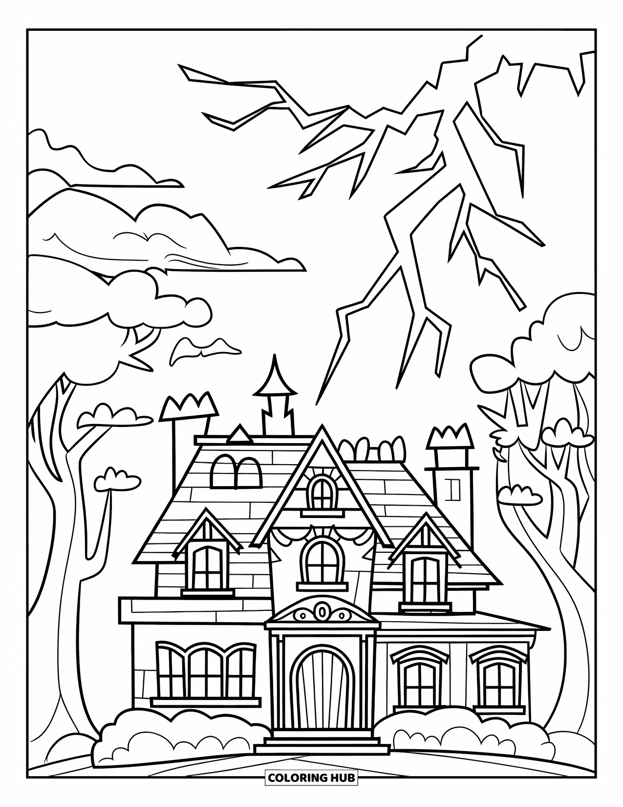 Kolorowanka na Halloween dla dzieci: Nawiedzona rezydencja stoi pod burzliwym niebem, gdy w oddali trzaskają błyskawice