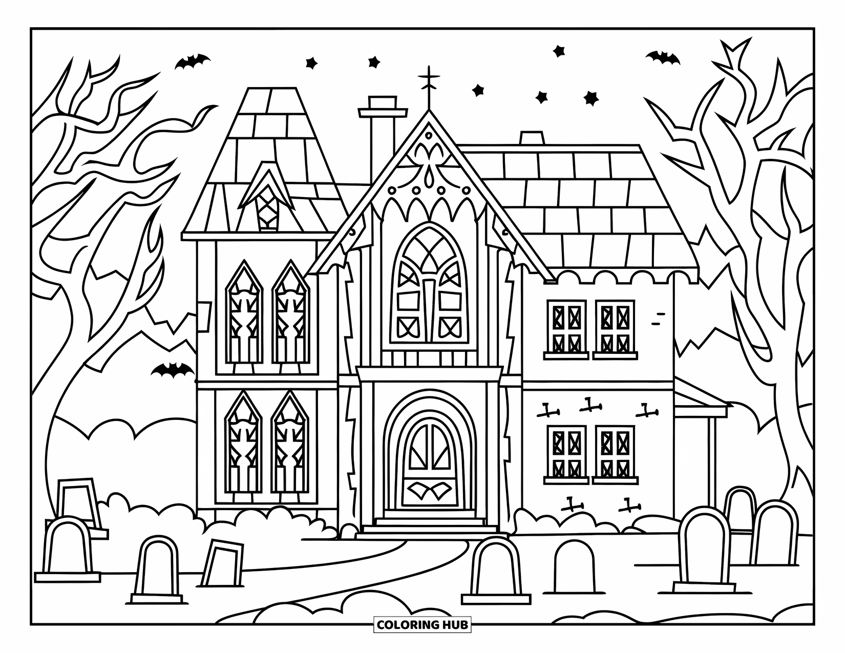 Kolorowanka na Halloween dla dzieci: Nawiedzona rezydencja z gotyckimi oknami stoi w pobliżu cmentarza pod rozgwieżdżonym nocnym niebem