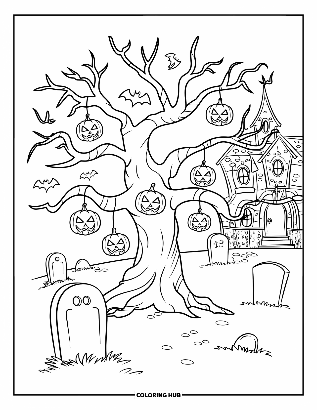 Kolorowanka na Halloween dla dzieci: Nawiedzone drzewo na cmentarzu trzyma rzeźbione dynie, a w pobliżu trzepoczą nietoperze