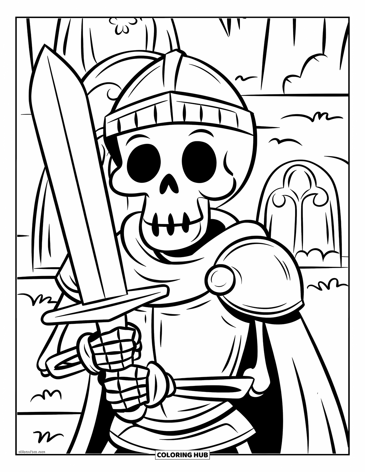 Kolorowanka na Halloween dla dzieci: Szkieletowy rycerz w hełmie czuwa nad cmentarzem wypełnionym misternie rzeźbionymi nagrobkami