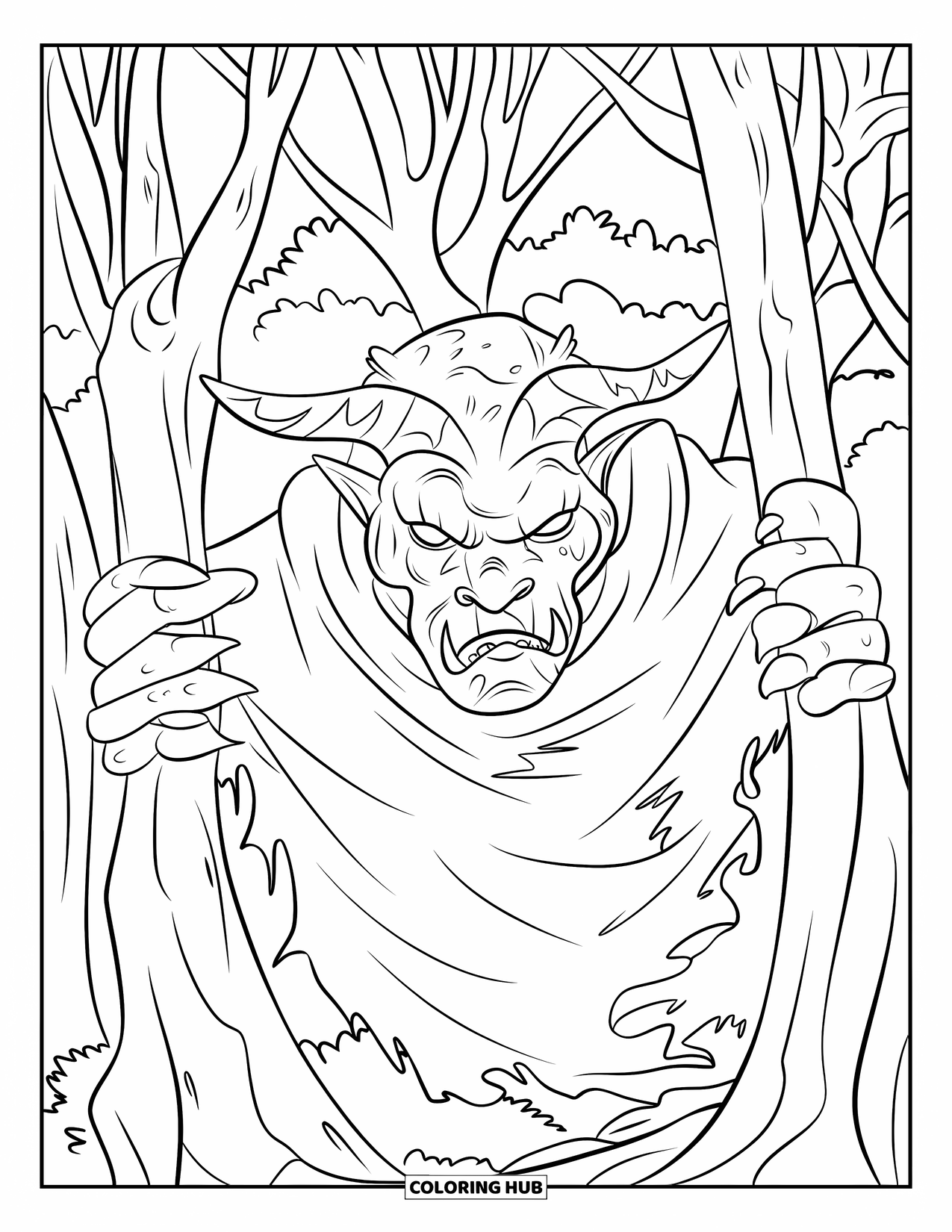Kolorowanka na Halloween dla dzieci: Rogate stworzenie z przeszywającymi oczami czai się za drzewami w gęstym, zacienionym lesie