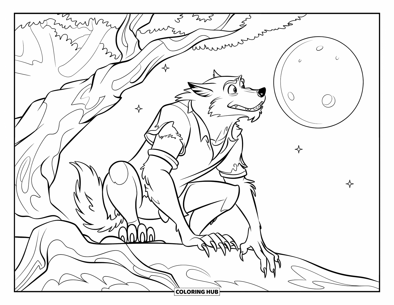 Kolorowanka na Halloween dla dzieci: Zgarbiony wilkołak kuca w pobliżu skręconego drzewa, wpatrując się w świecący księżyc w pełni