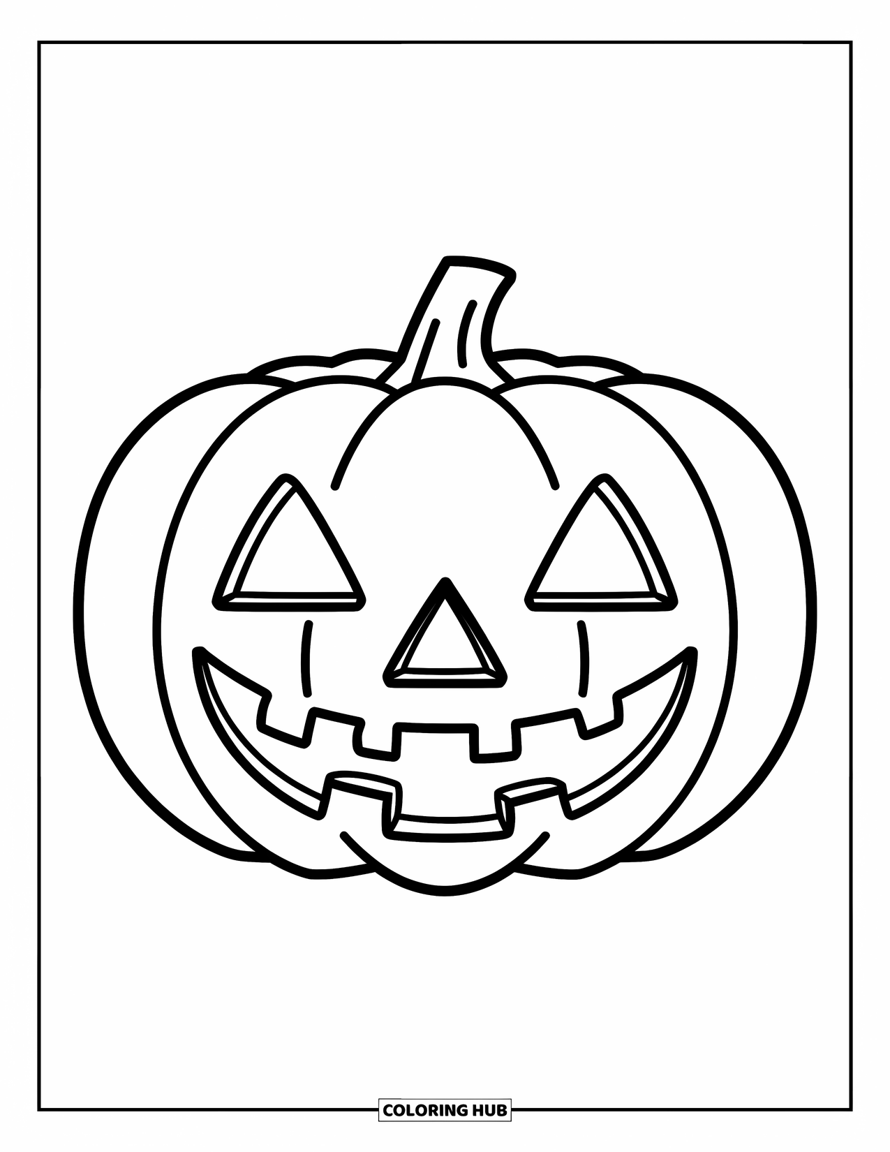 Kolorowanka na Halloween dla dzieci: Jack-o'-lantern z trójkątnymi oczami i zębami uśmiecha się, siedząc na ziemi i świecąc