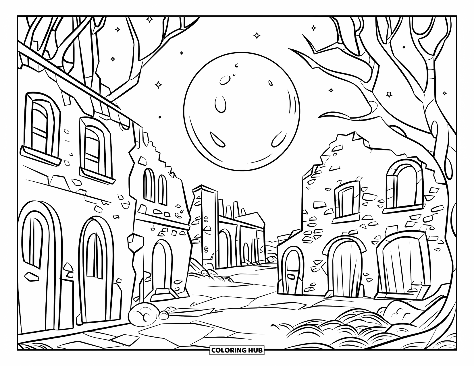Kolorowanka na Halloween dla dzieci: Duży księżyc oświetla zrujnowaną wioskę z łukowatymi oknami, opadłymi liśćmi i sękatymi drzewami